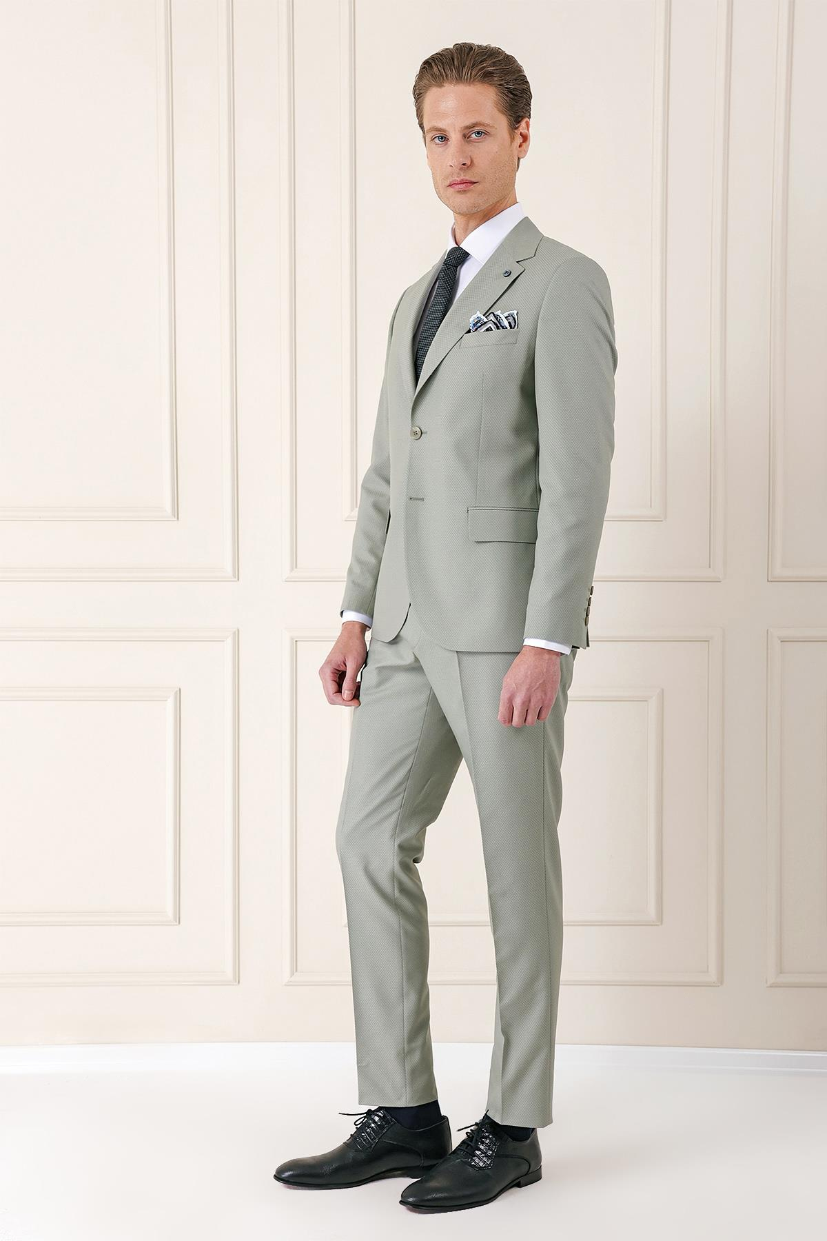 Slim Fit Jakarlı Çift Yırtmaç Klasik Nil Yeşili Takım Elbise Tk 893