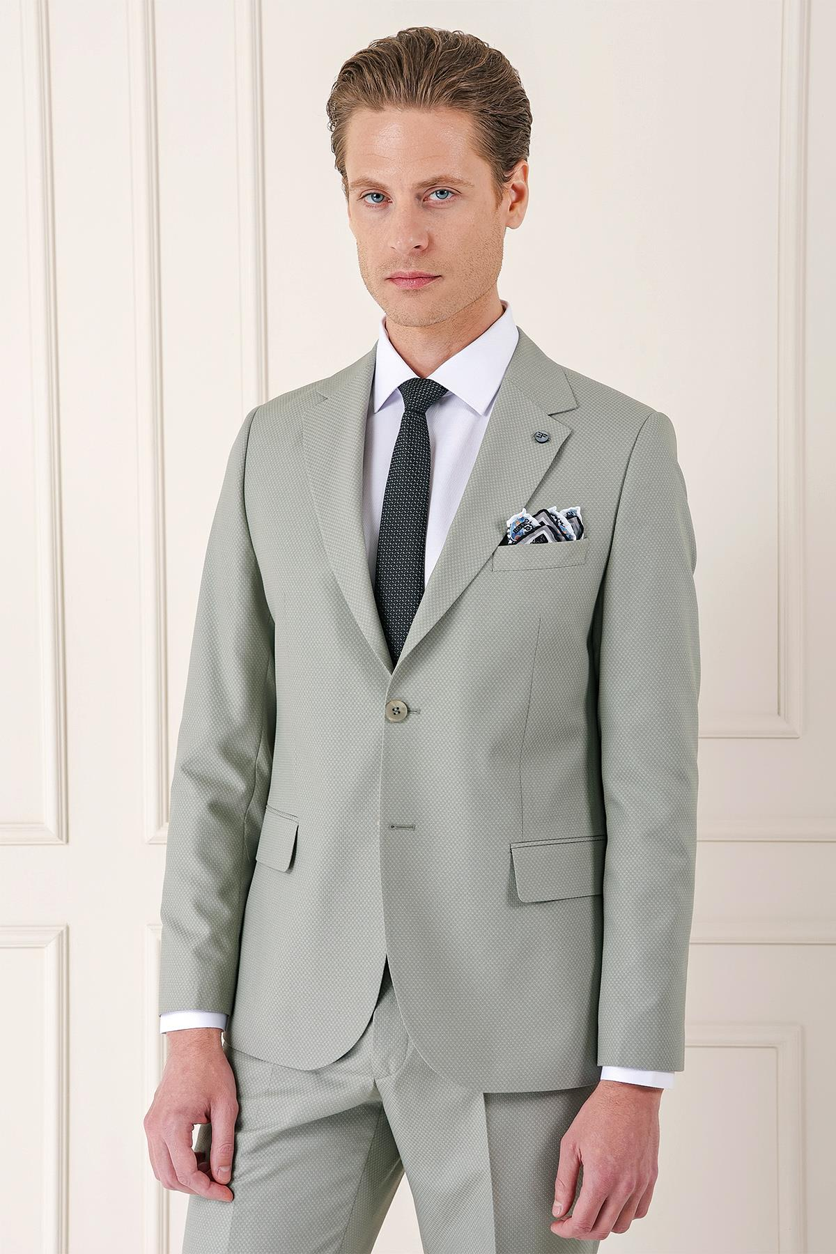 Slim Fit Jakarlı Çift Yırtmaç Klasik Nil Yeşili Takım Elbise Tk 893