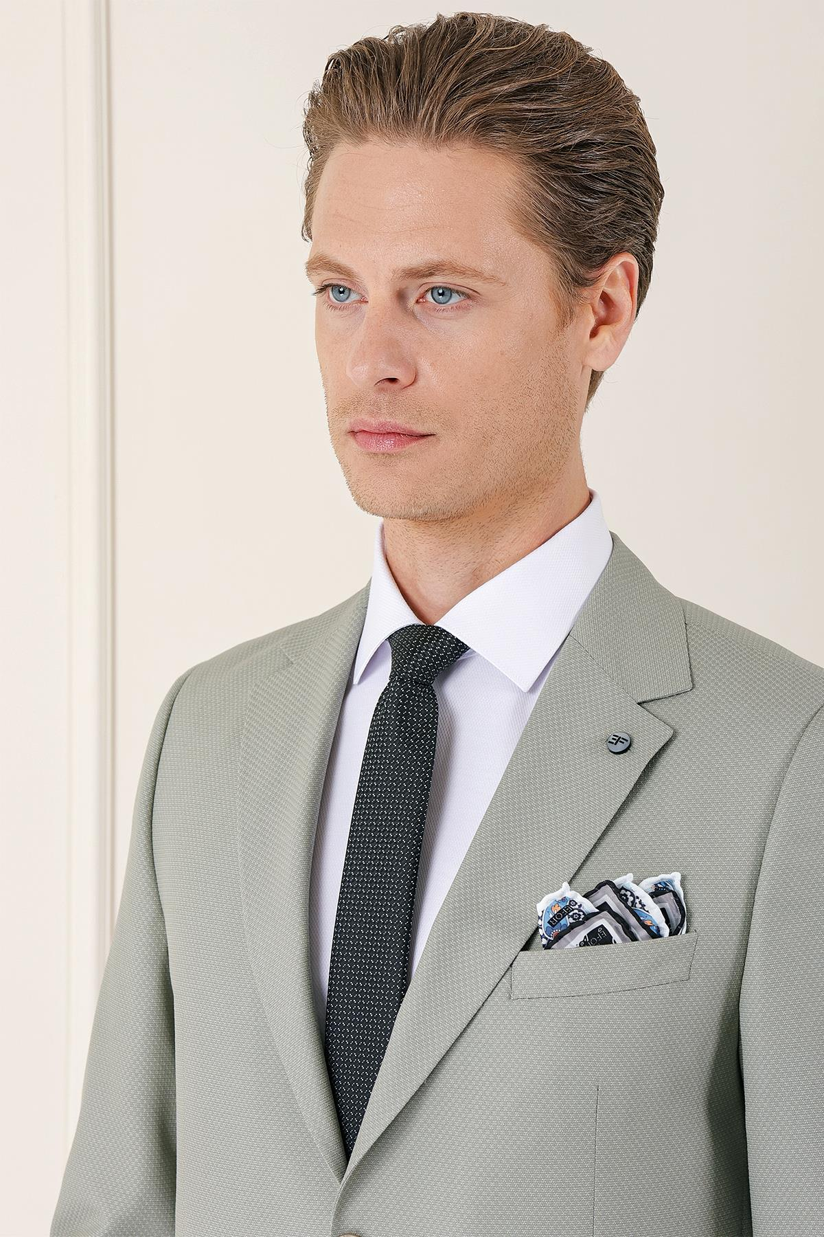 Slim Fit Jakarlı Çift Yırtmaç Klasik Nil Yeşili Takım Elbise Tk 893