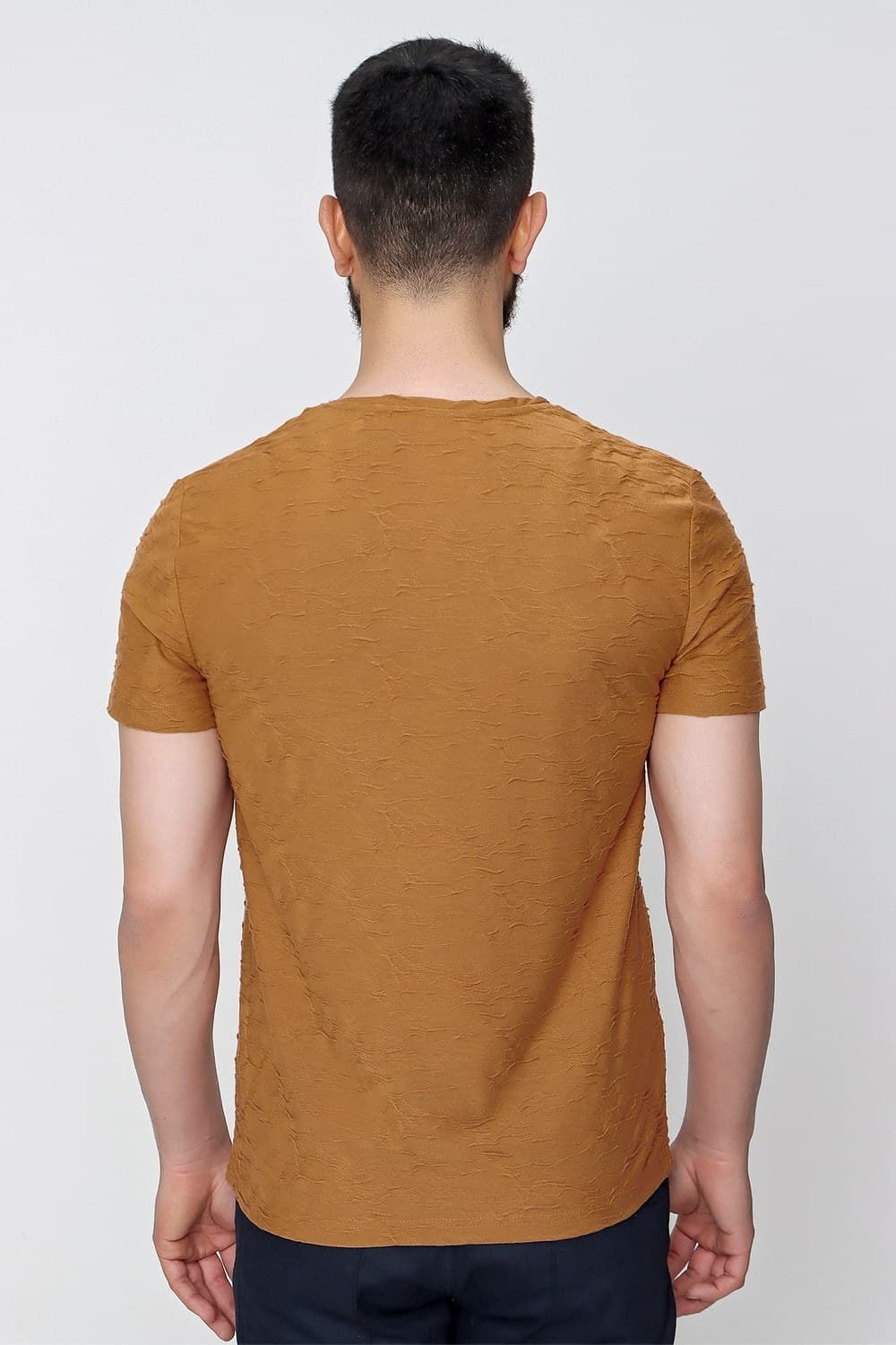 Slim Fit Kabartma Dokulu Pamuklu Bisiklet Yaka Bej Tişört TS 821