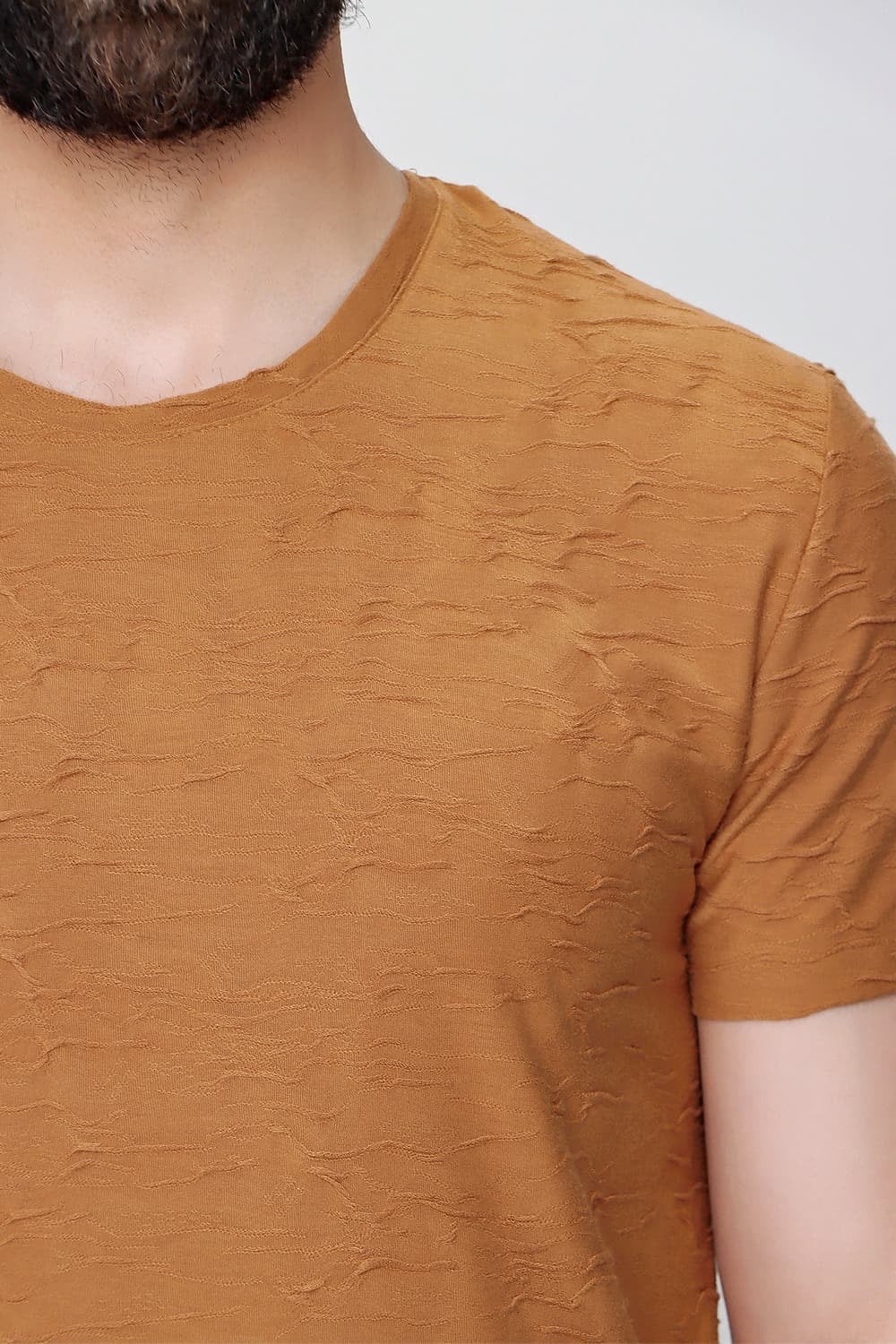 Slim Fit Kabartma Dokulu Pamuklu Bisiklet Yaka Bej Tişört TS 821