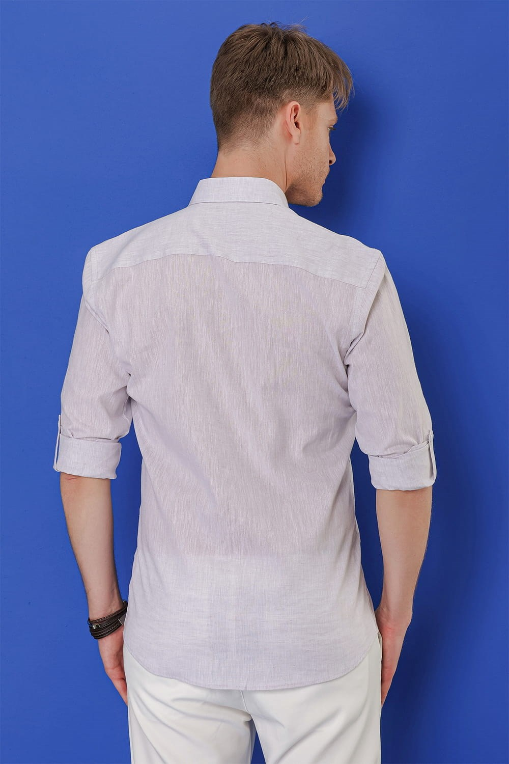 Slim Fit Katlamalı Kol Yaka Düğmeli %100 Keten Açık Gri Gömlek G 1554
