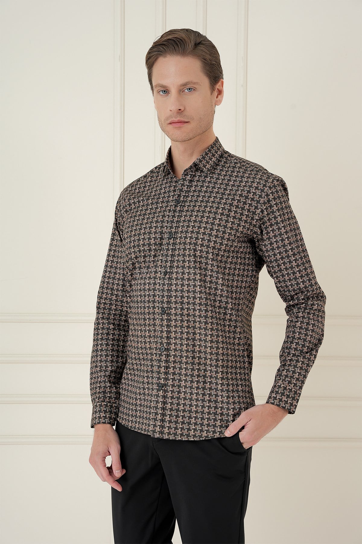 Slim Fit Kazayağı Desenli %100 Pamuk Casual Kahve Gömlek G 1585