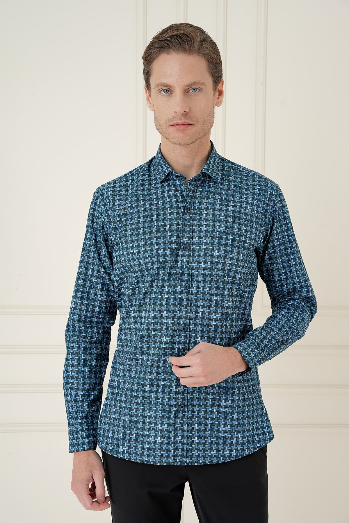 Slim Fit Kazayağı Desenli %100 Pamuk Casual Mavi Gömlek G 1585