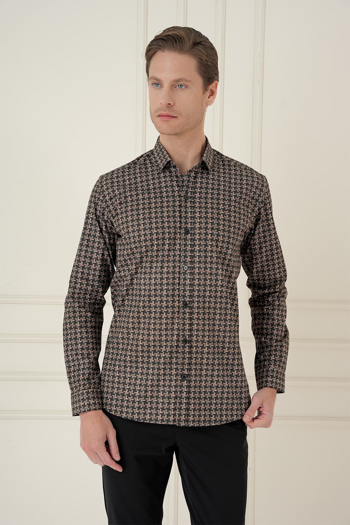 Slim Fit Kazayağı Desenli %100 Pamuk Casual Kahve Gömlek G 1585