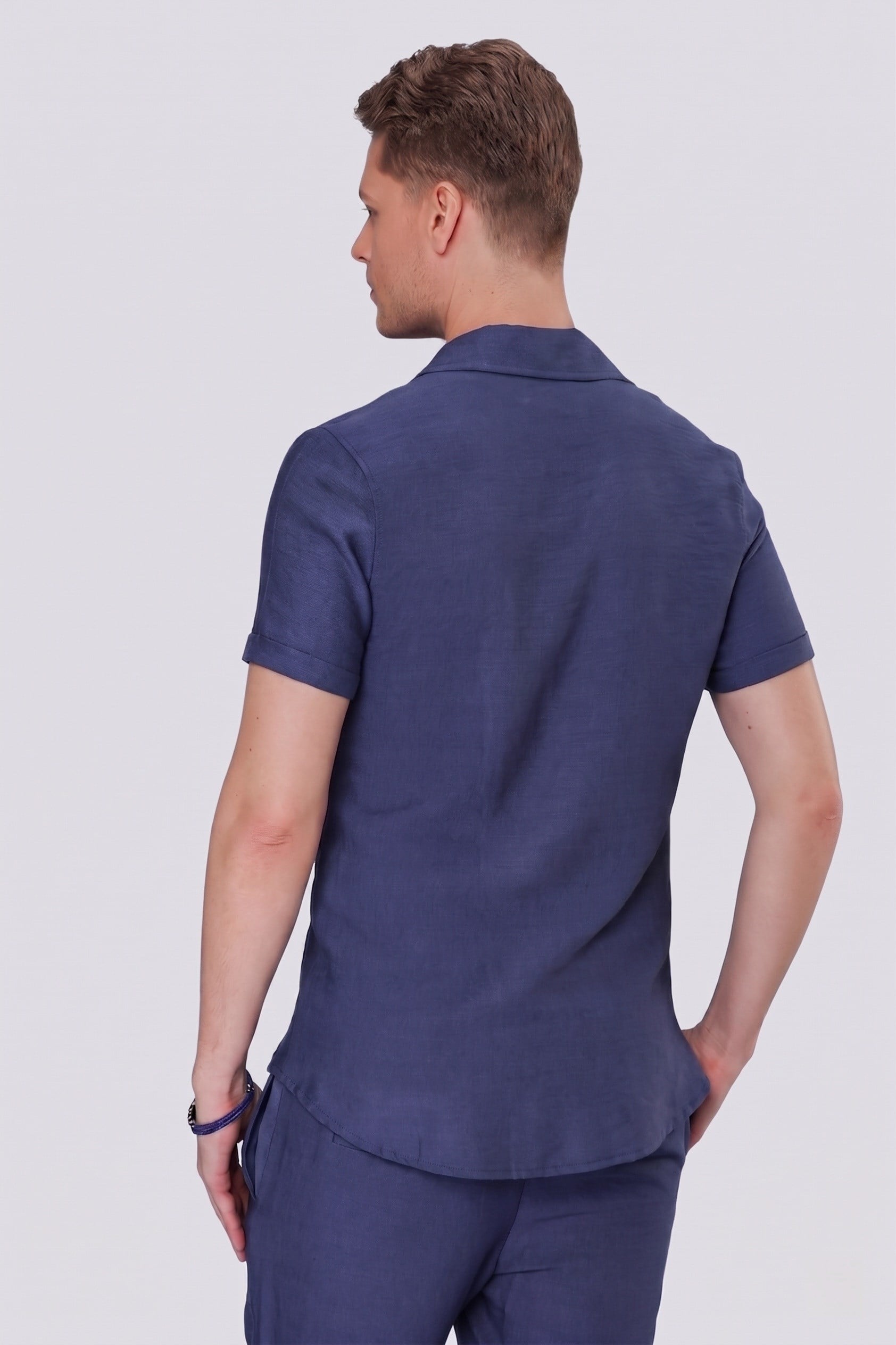 Slim Fit Keten Karışımlı Apaş Yaka İndigo Gömlek G 1549