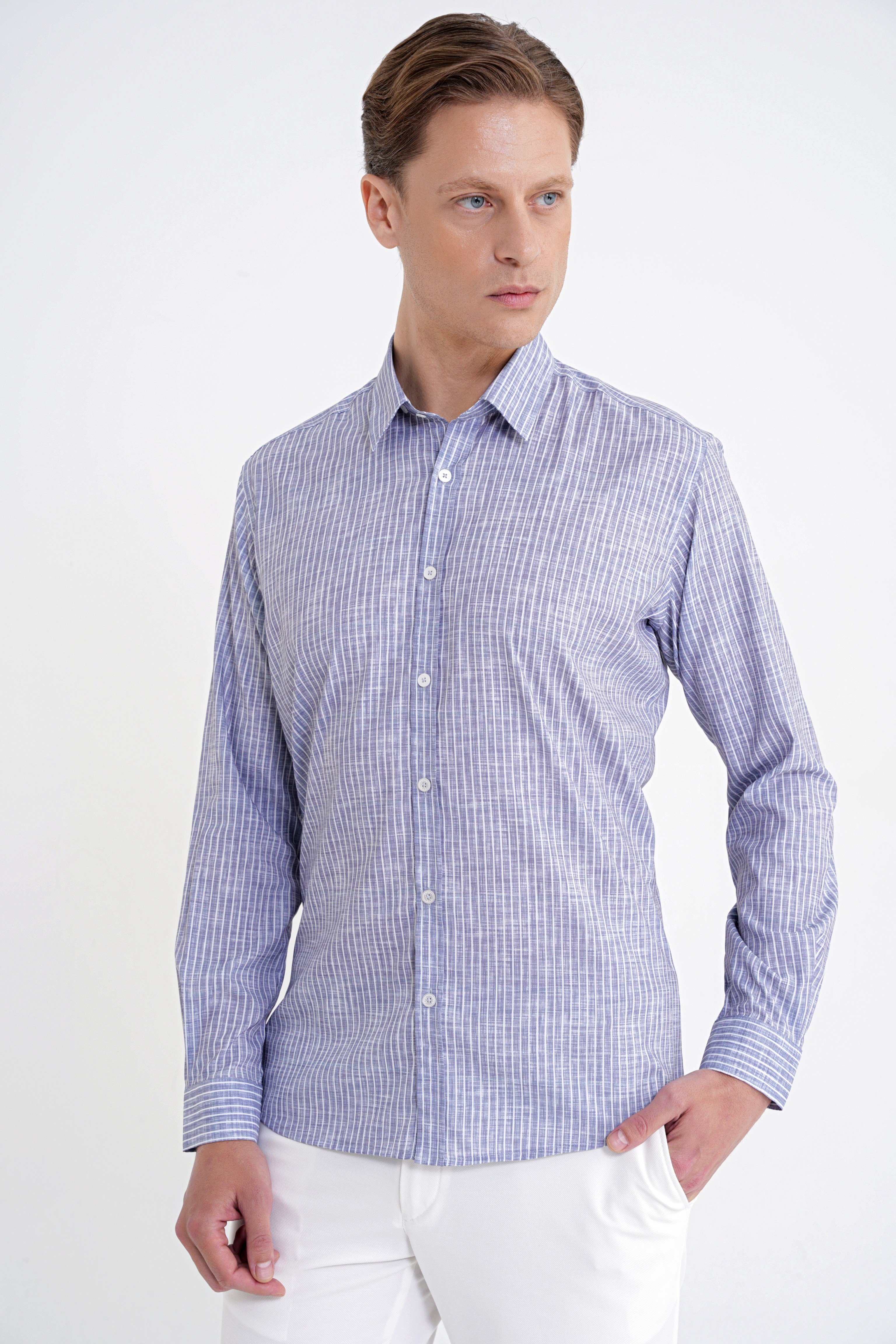 Slim Fit Klapa Yaka Esnek Pamuklu Gri Çizgili Gömlek G 1599