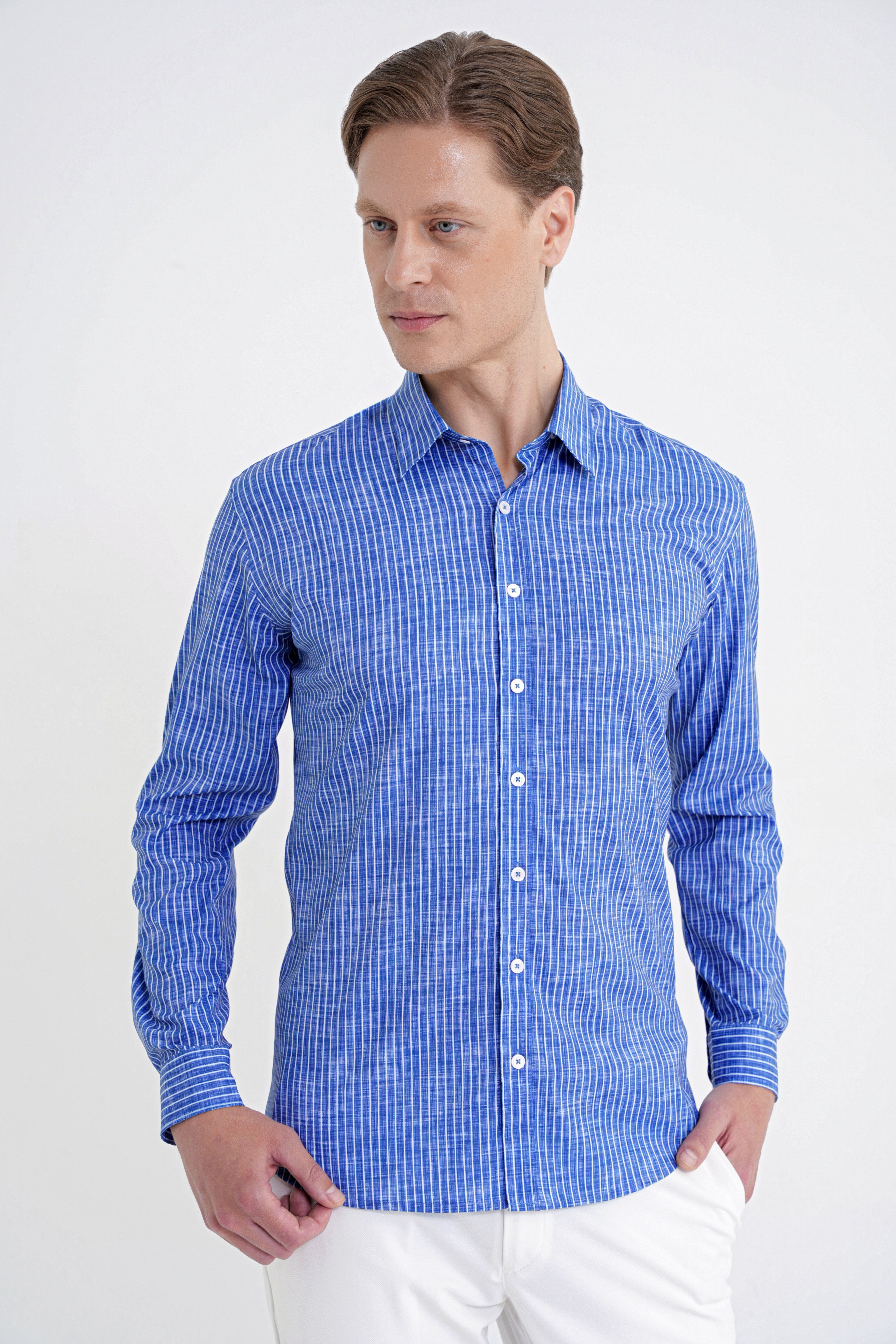 Slim Fit Klapa Yaka Esnek Pamuklu Koyu Mavi Çizgili Gömlek G 1599
