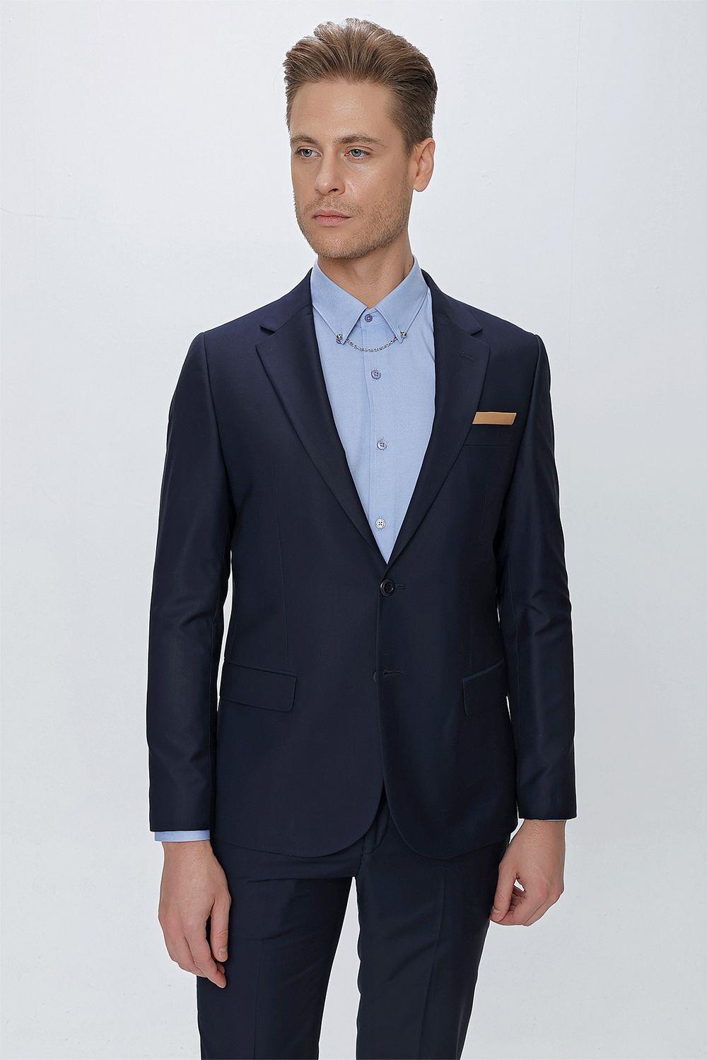 Slim Fit Klasik Mono Yaka Klasik Lacivert Takım Elbise Tk 2021