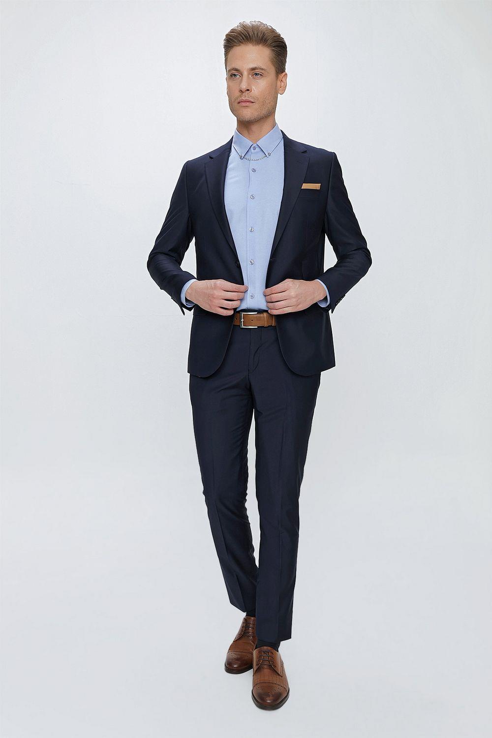 Slim Fit Klasik Mono Yaka Klasik Lacivert Takım Elbise Tk 2021