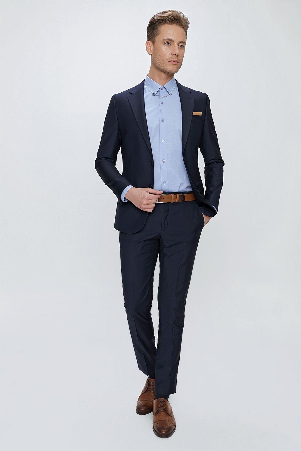 Slim Fit Klasik Mono Yaka Klasik Lacivert Takım Elbise Tk 2021