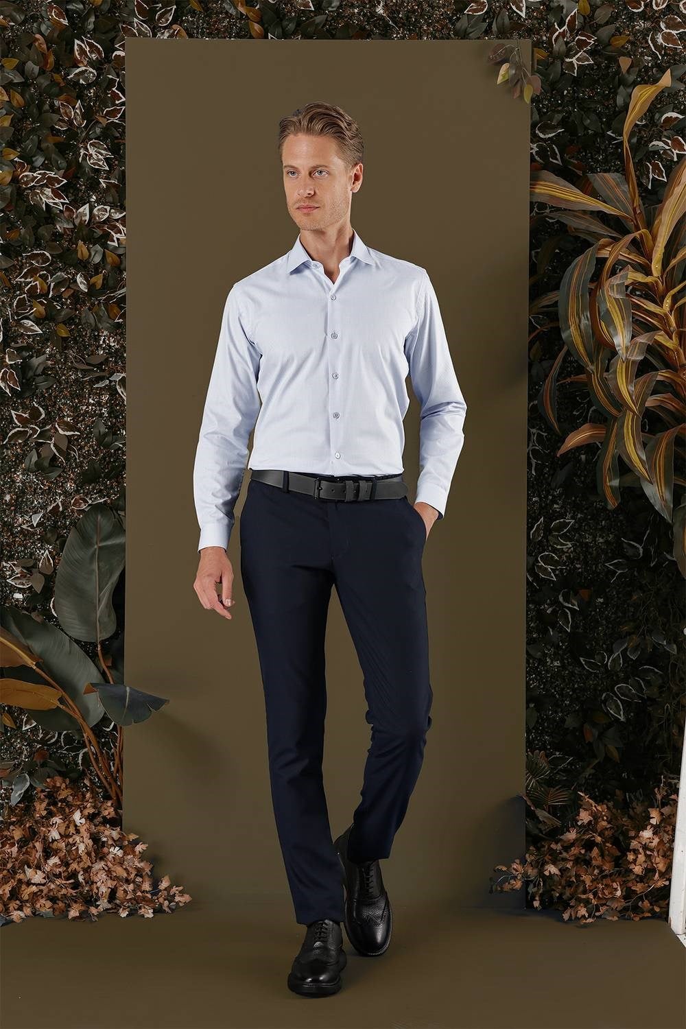 Slim Fit Kravat Yaka %100 Pamuk Dokulu Mavi Gömlek GK 705