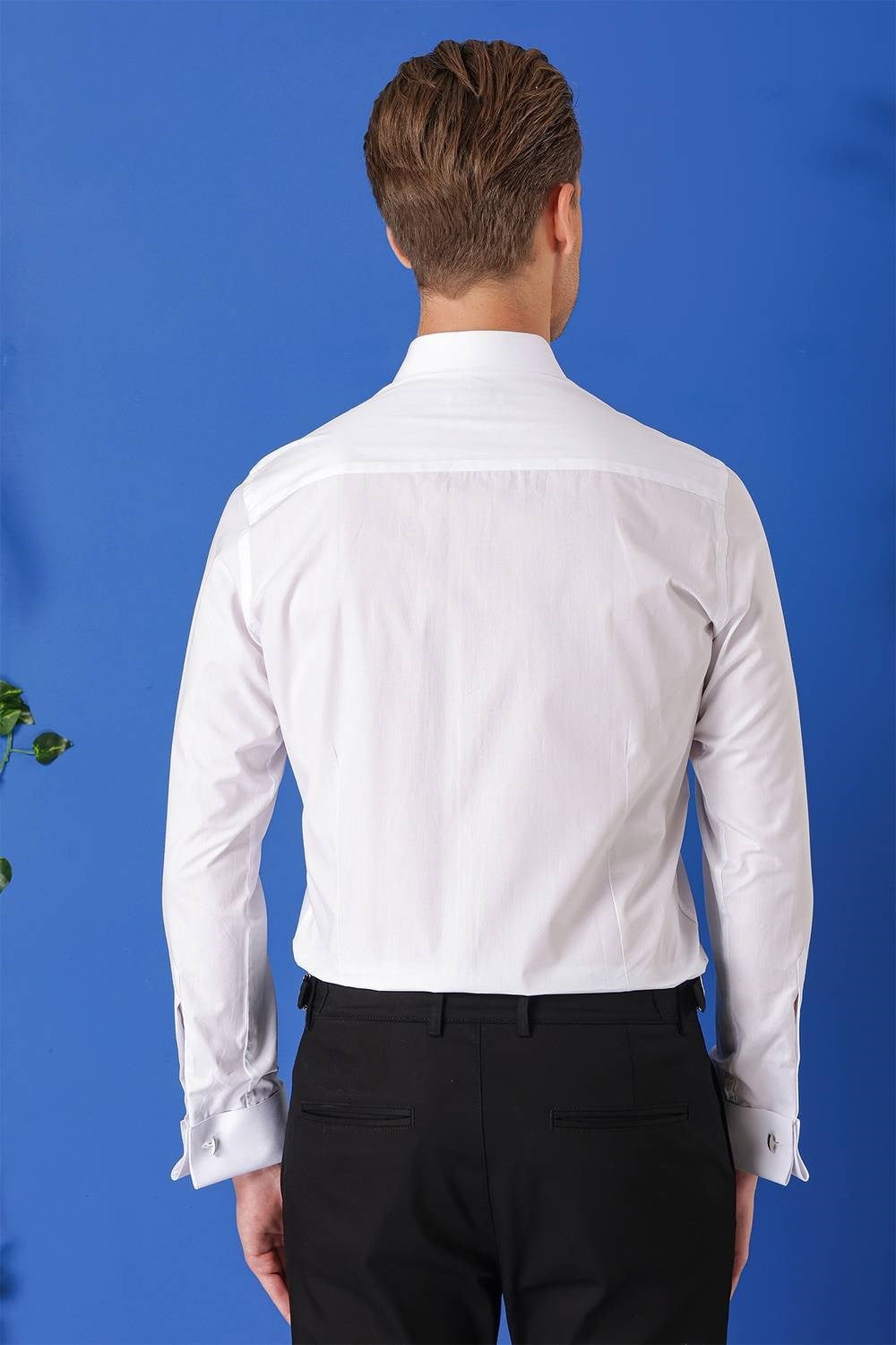 Slim Fit Kravat Yaka Duble Manşet %100 Pamuk Klasik Beyaz Gömlek Gk 682
