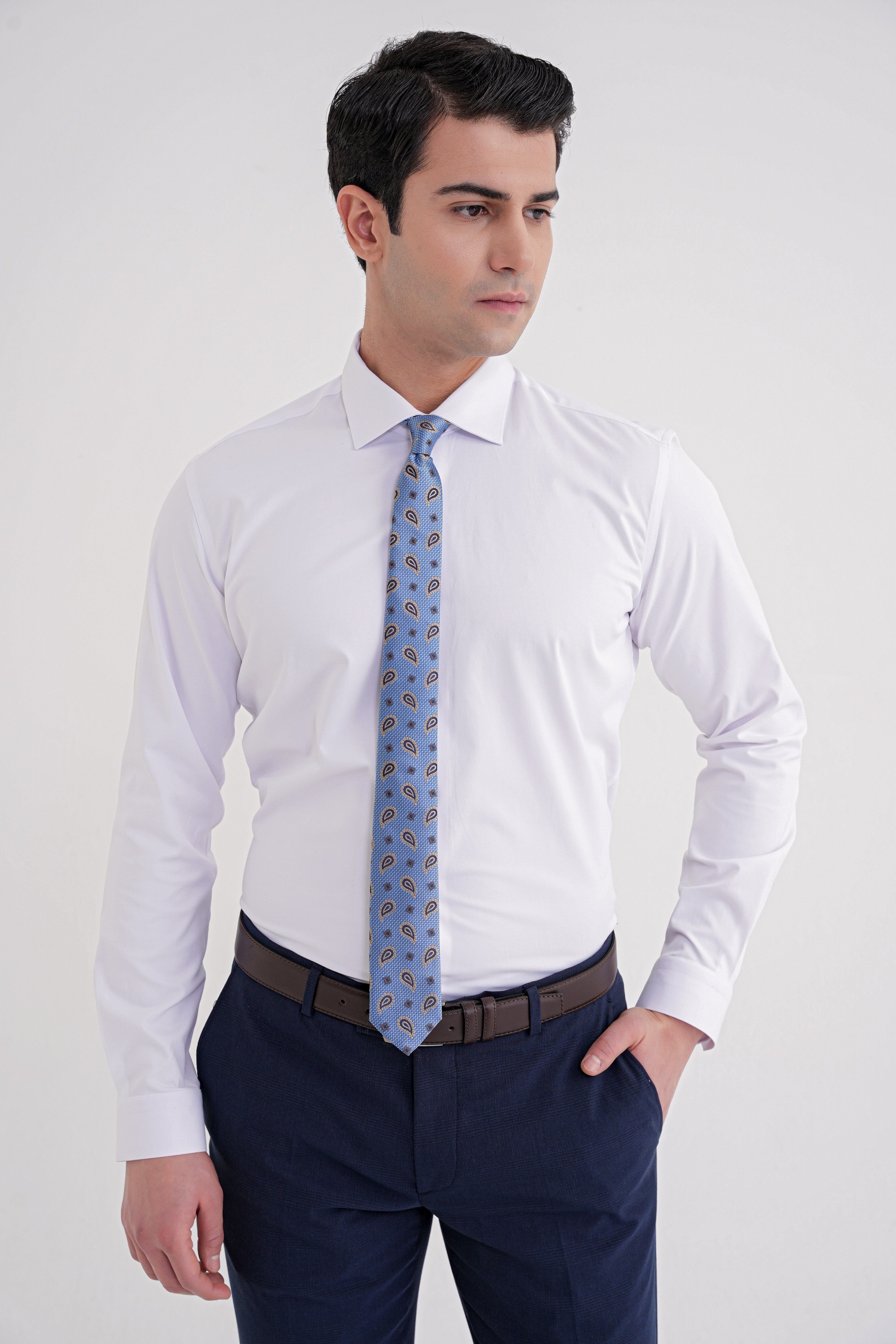 Slim Fit Kravat Yaka Esnek Pamuklu Beyaz Gömlek GK 753