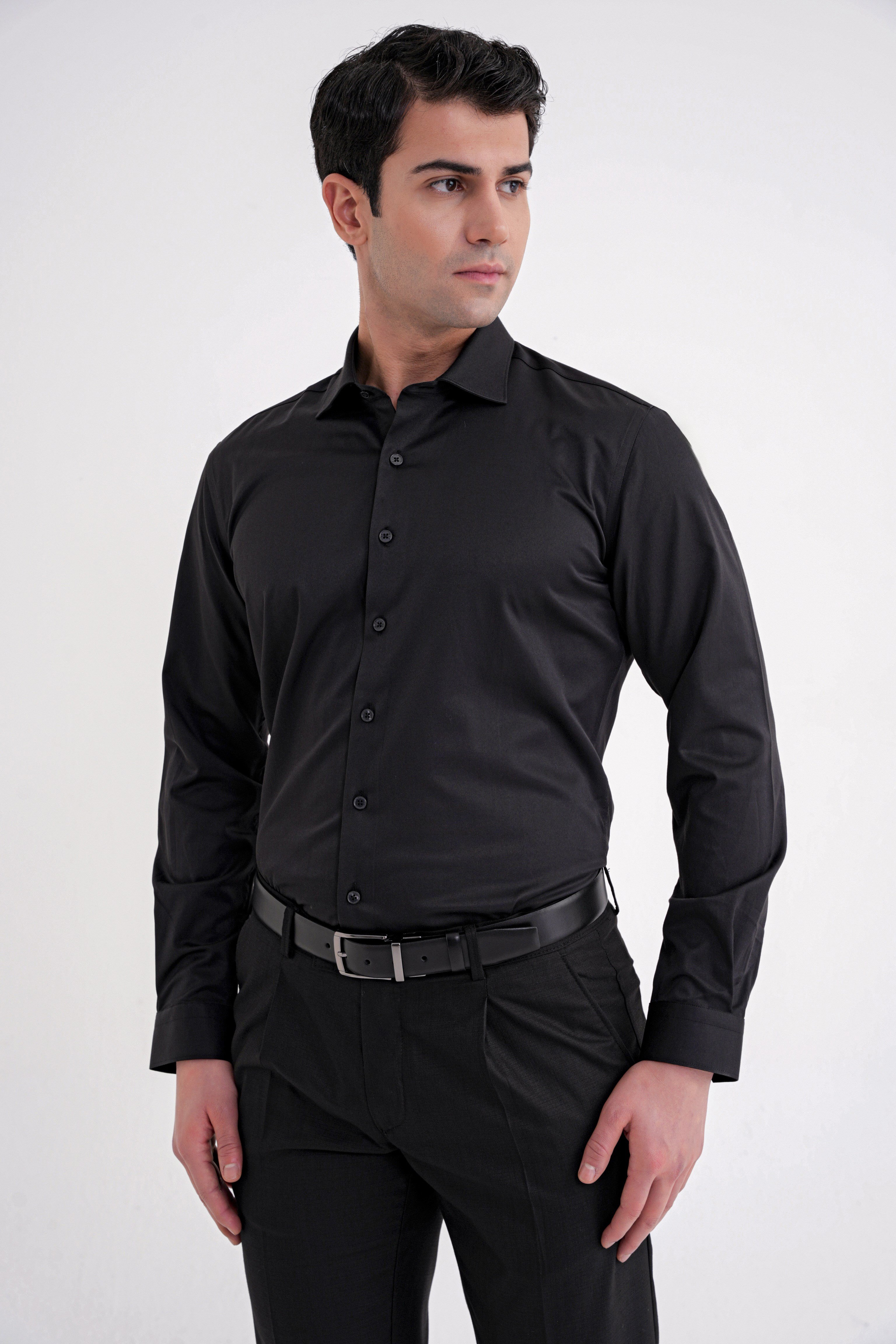 Slim Fit Kravat Yaka Esnek Pamuklu Siyah Gömlek GK 753