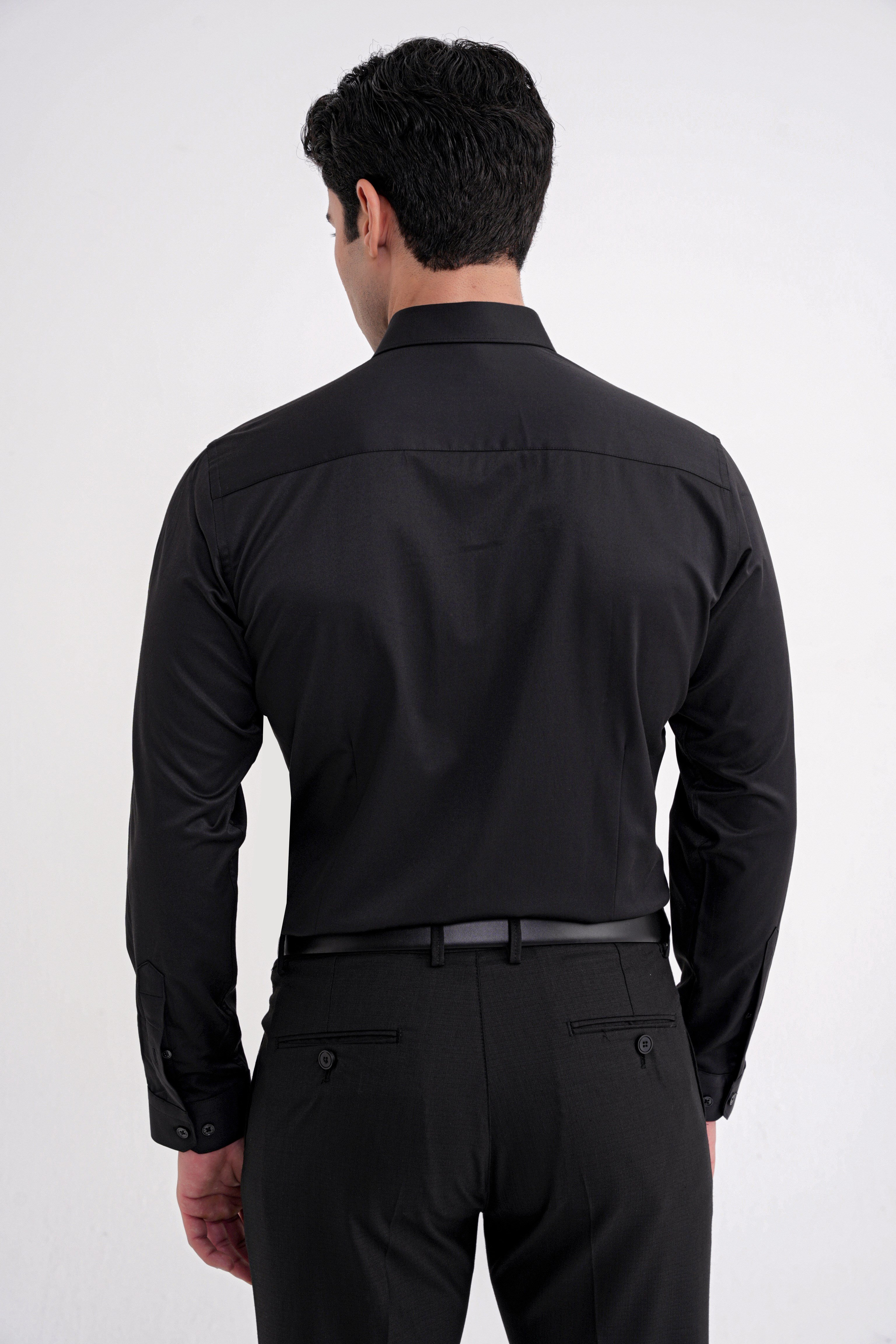 Slim Fit Kravat Yaka Esnek Pamuklu Siyah Gömlek GK 753
