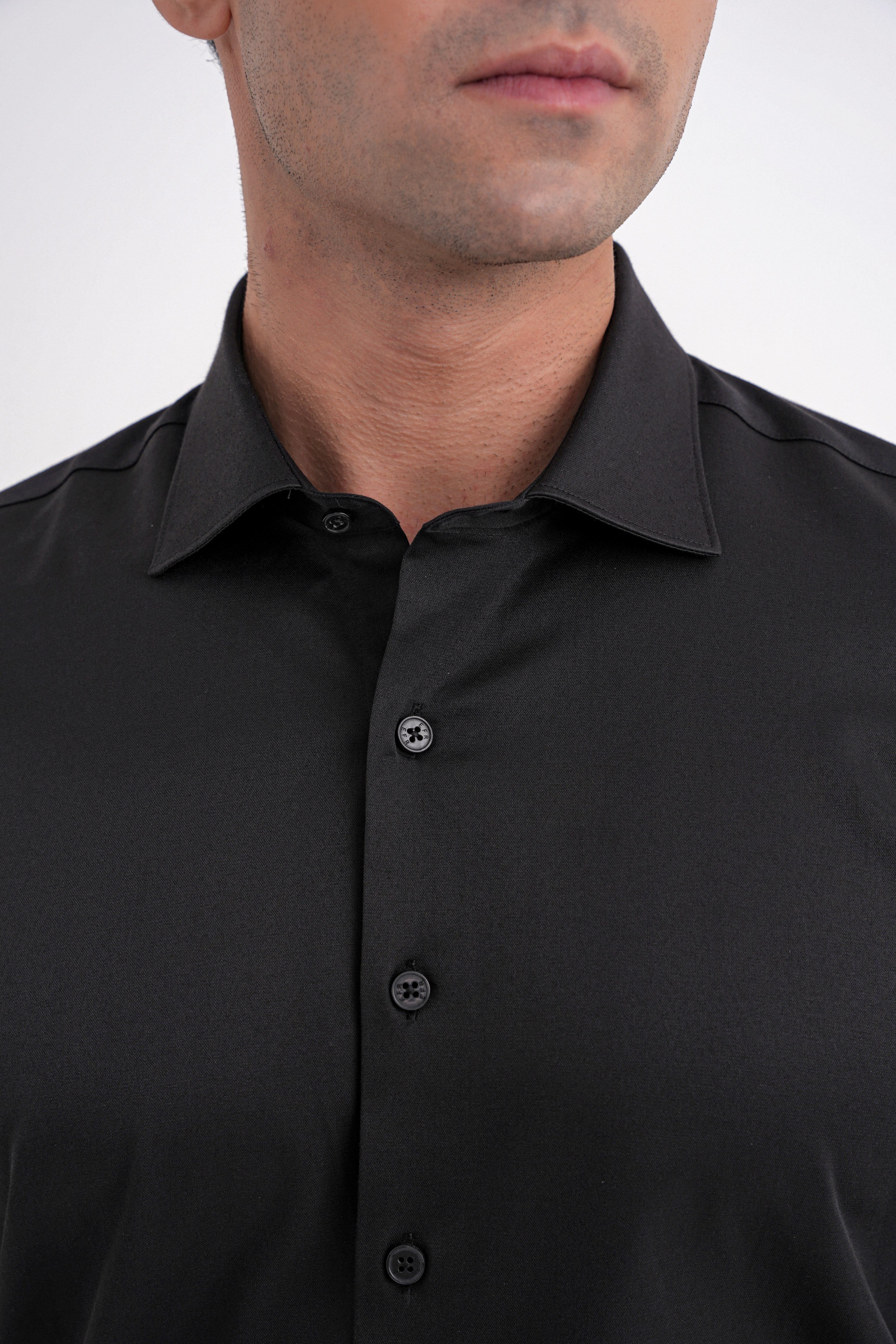 Slim Fit Kravat Yaka Esnek Pamuklu Siyah Gömlek GK 753