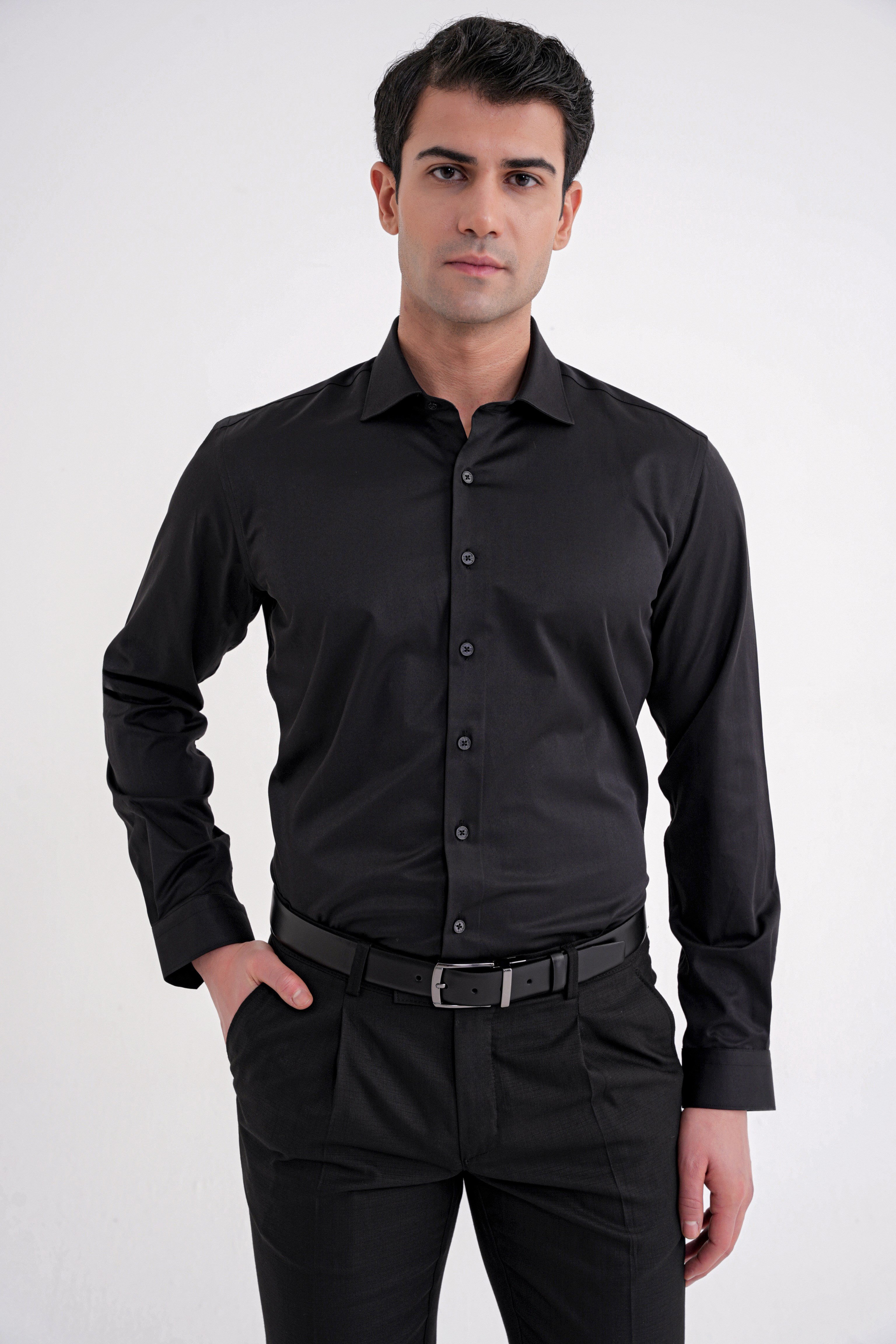 Slim Fit Kravat Yaka Esnek Pamuklu Siyah Gömlek GK 753