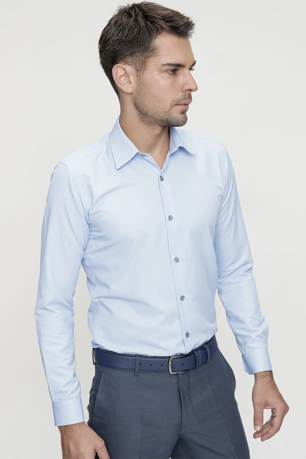 Slim Fit Kravat Yaka Pamuk Saten Uzun Kollu Mavi Gömlek Gk 624
