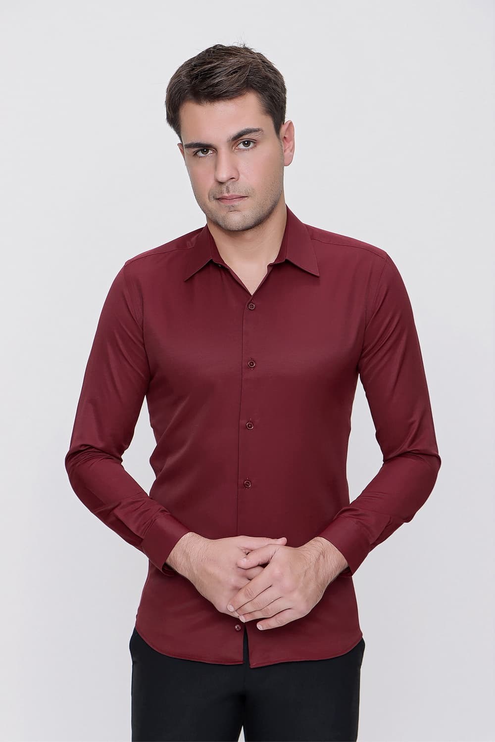 Slim Fit Kravat Yaka Pamuk Saten Uzun Kollu Bordo Gömlek Gk 624