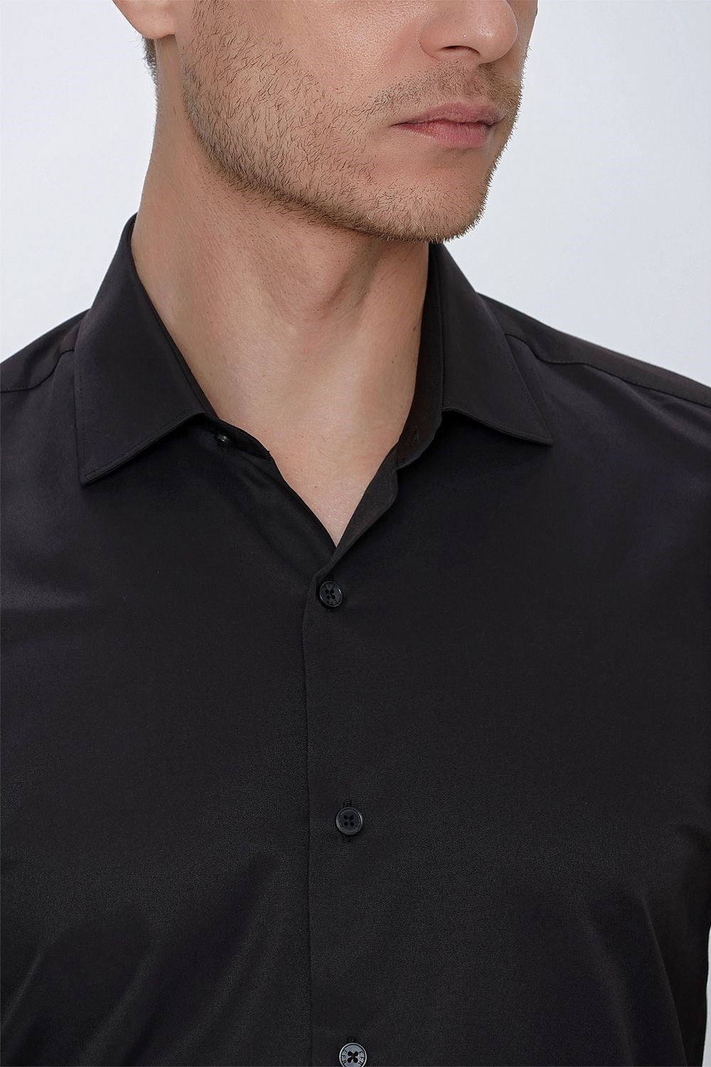 Slim Fit Kravat Yaka Pamuk Saten Uzun Kollu Siyah Gömlek Gk 624