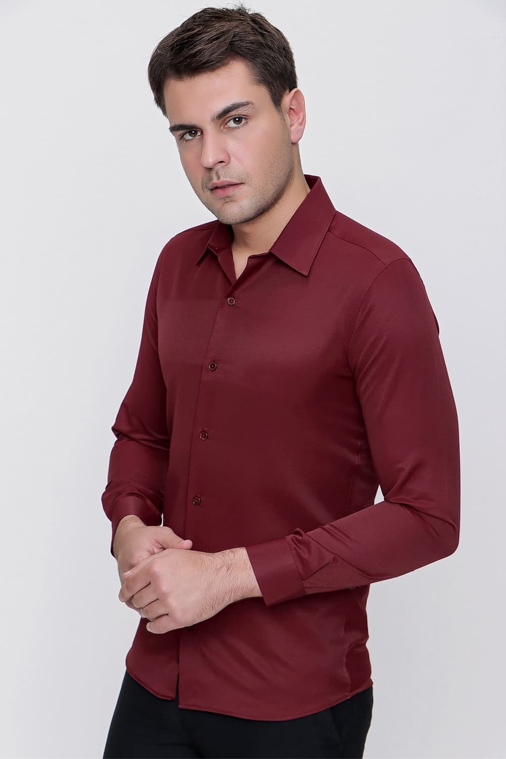 Slim Fit Kravat Yaka Pamuk Saten Uzun Kollu Bordo Gömlek Gk 624