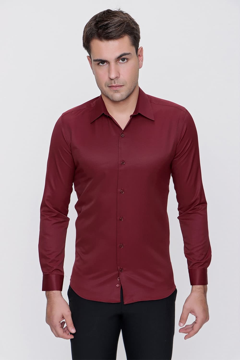 Slim Fit Kravat Yaka Pamuk Saten Uzun Kollu Bordo Gömlek Gk 624