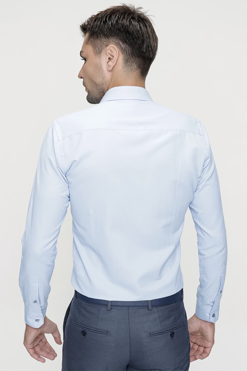 Slim Fit Kravat Yaka Pamuk Saten Uzun Kollu Mavi Gömlek Gk 624