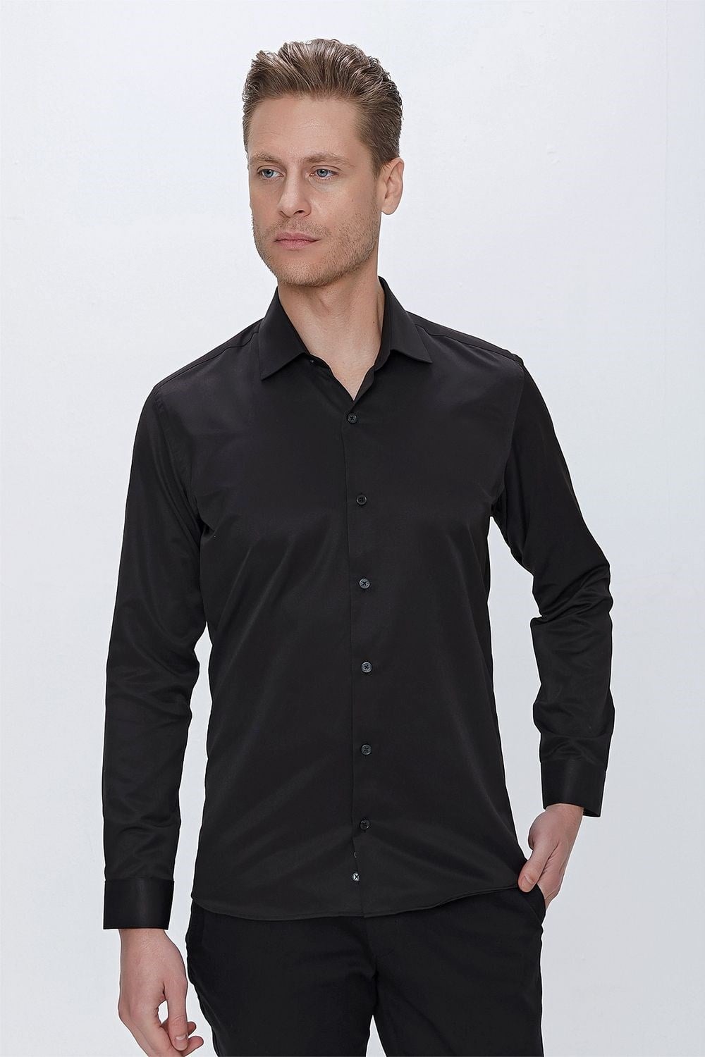 Slim Fit Kravat Yaka Pamuk Saten Uzun Kollu Siyah Gömlek Gk 624