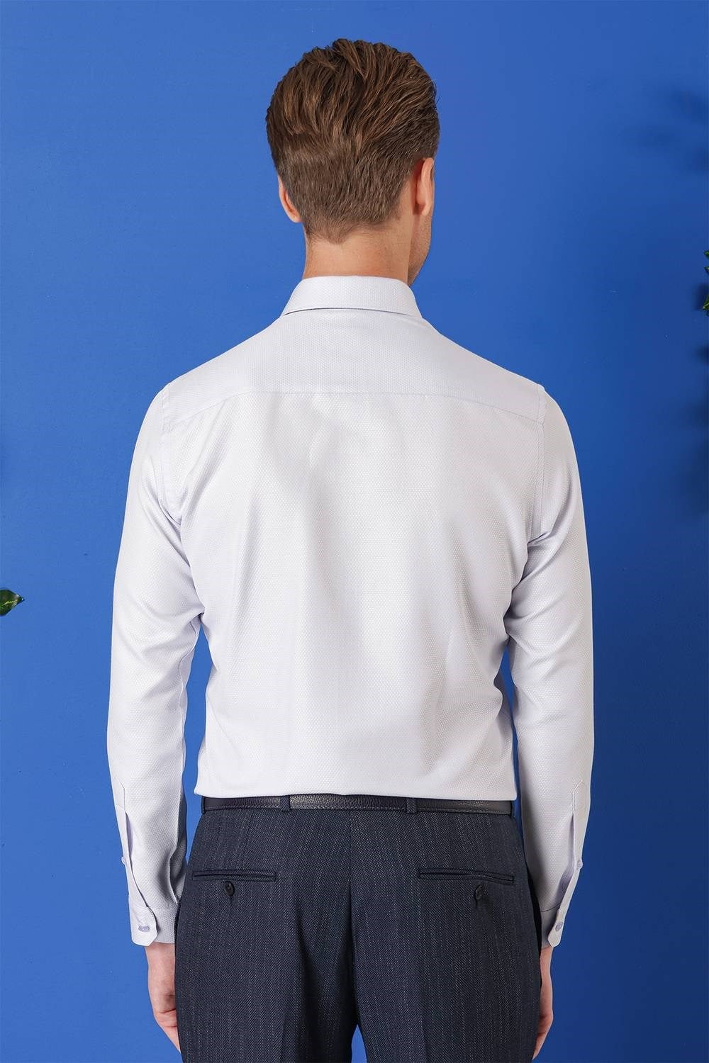 Slim Fit Kravat Yaka Pamuklu Dokulu Mavi Gömlek GK 719