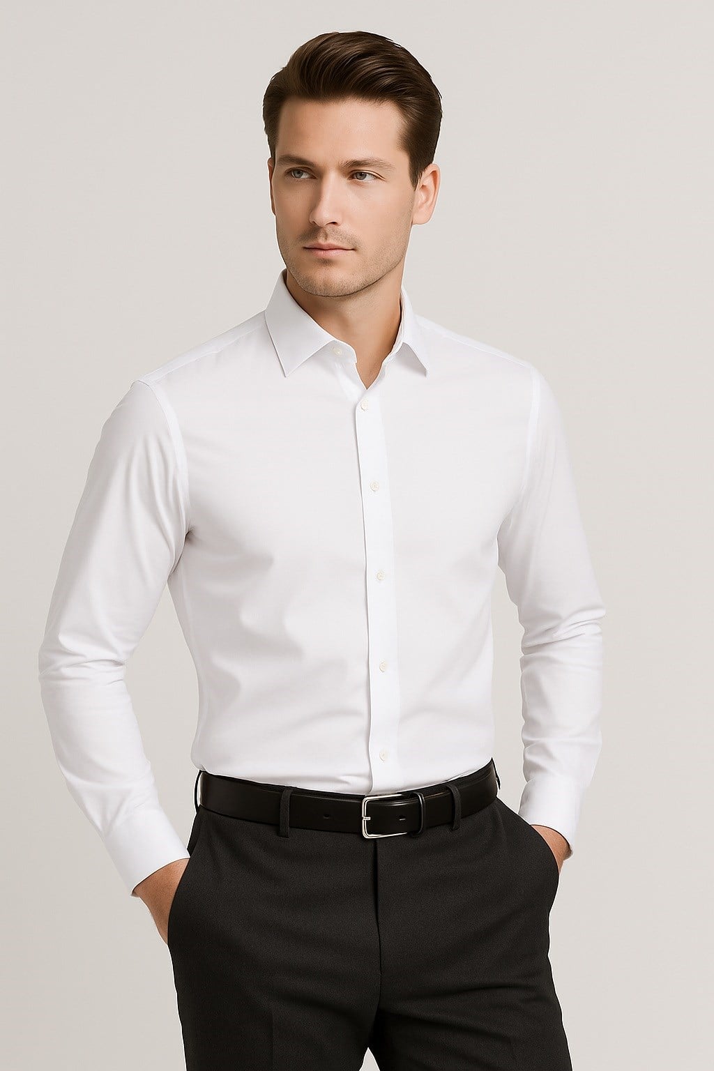 Slim Fit Kravat Yaka Pamuklu Uzun Kollu Beyaz Gömlek GK 649