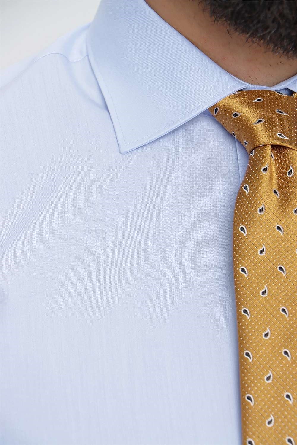 Slim Fit Kravat Yaka Pamuklu Uzun Kollu Mavi Gömlek GK 649