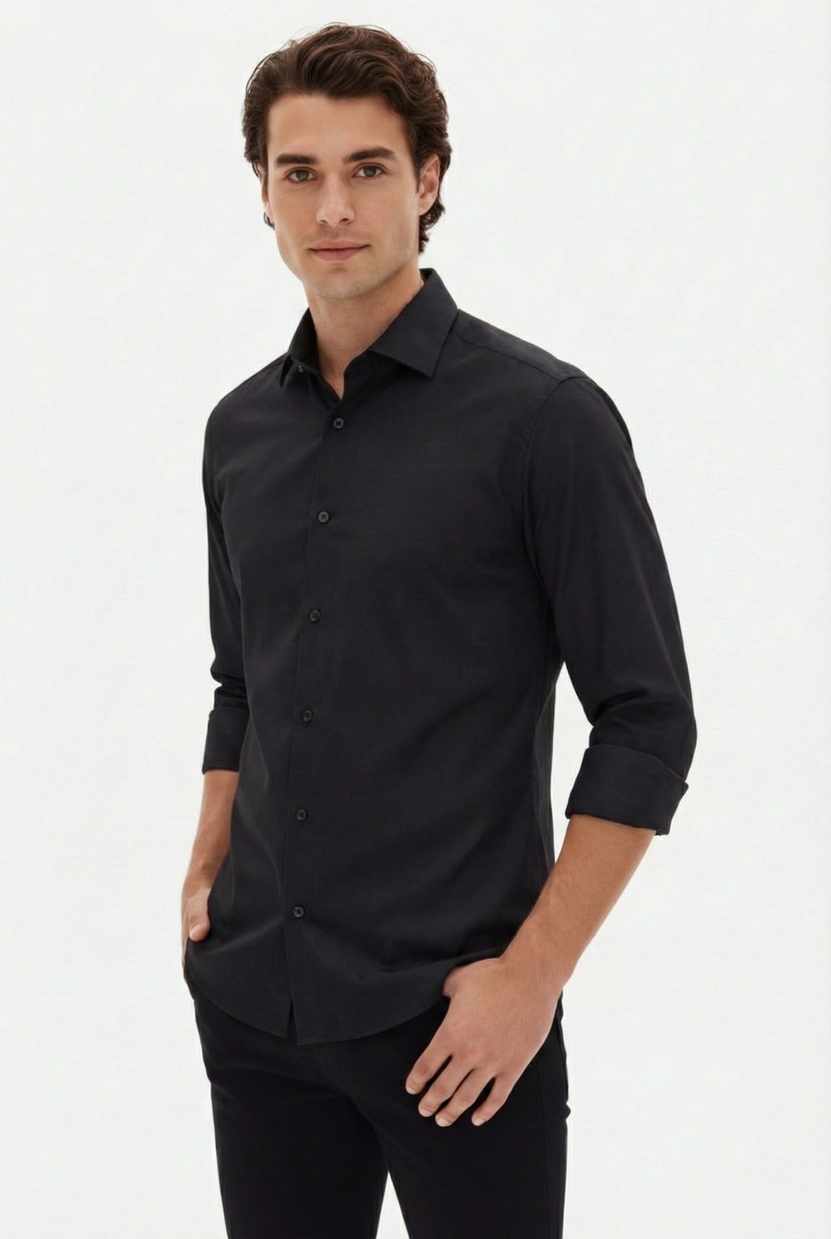 Slim Fit Kravat Yaka Uzun Kol Pamuklu Siyah Gömlek GK 2025