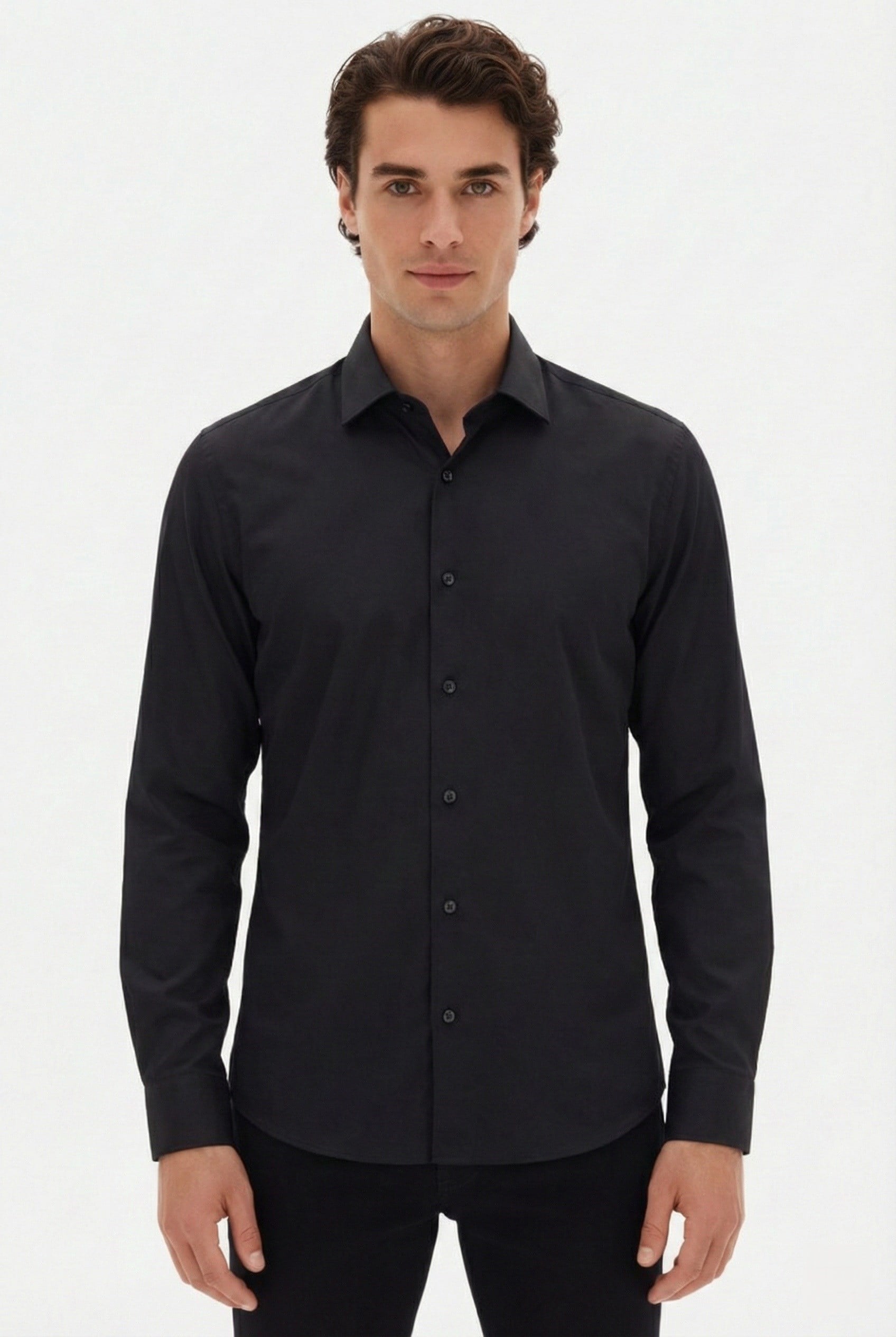 Slim Fit Kravat Yaka Uzun Kol Pamuklu Siyah Gömlek GK 2025