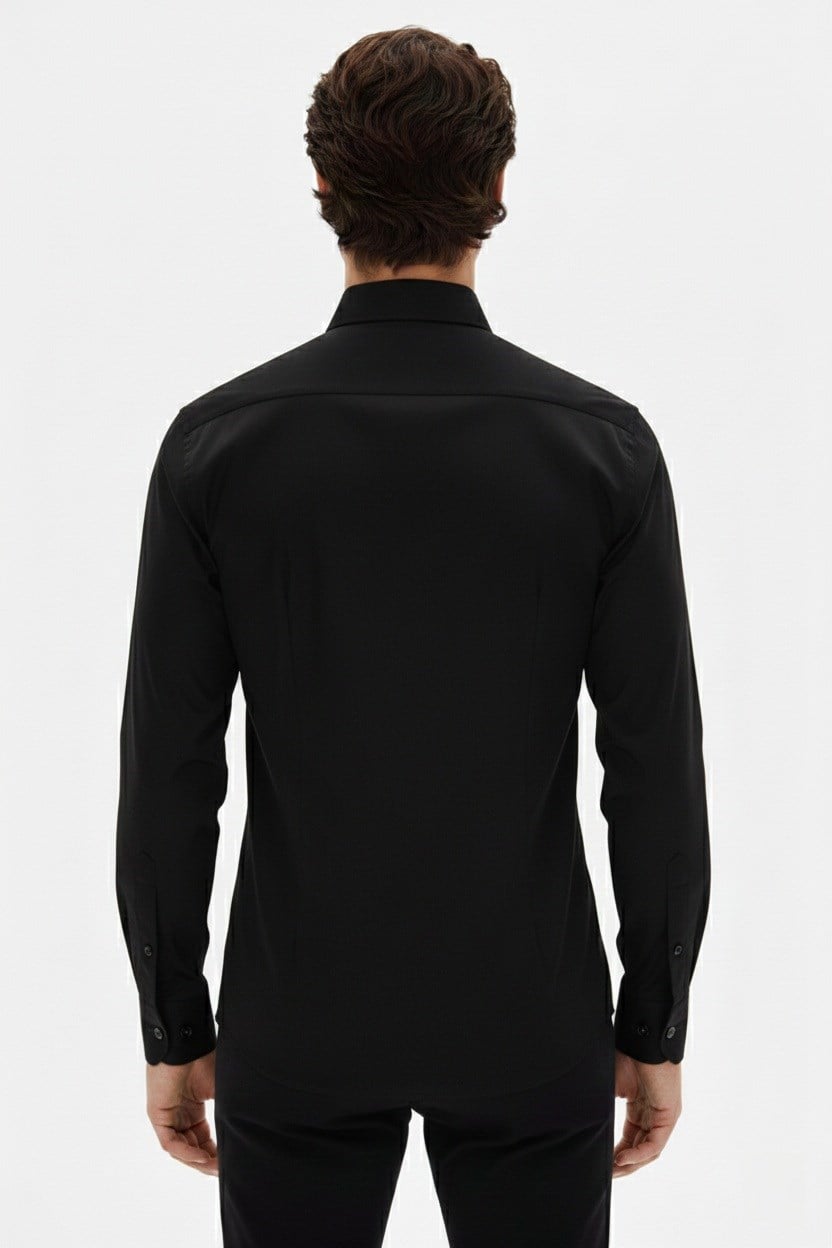 Slim Fit Kravat Yaka Uzun Kol Pamuklu Siyah Gömlek GK 2025