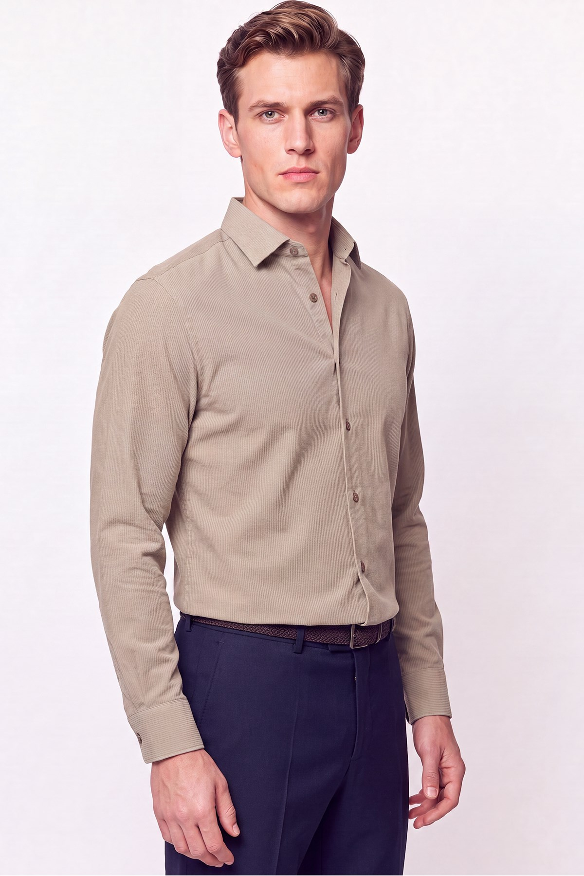 Slim Fit Modal Kumaş Bej Gömlek G 1609 
