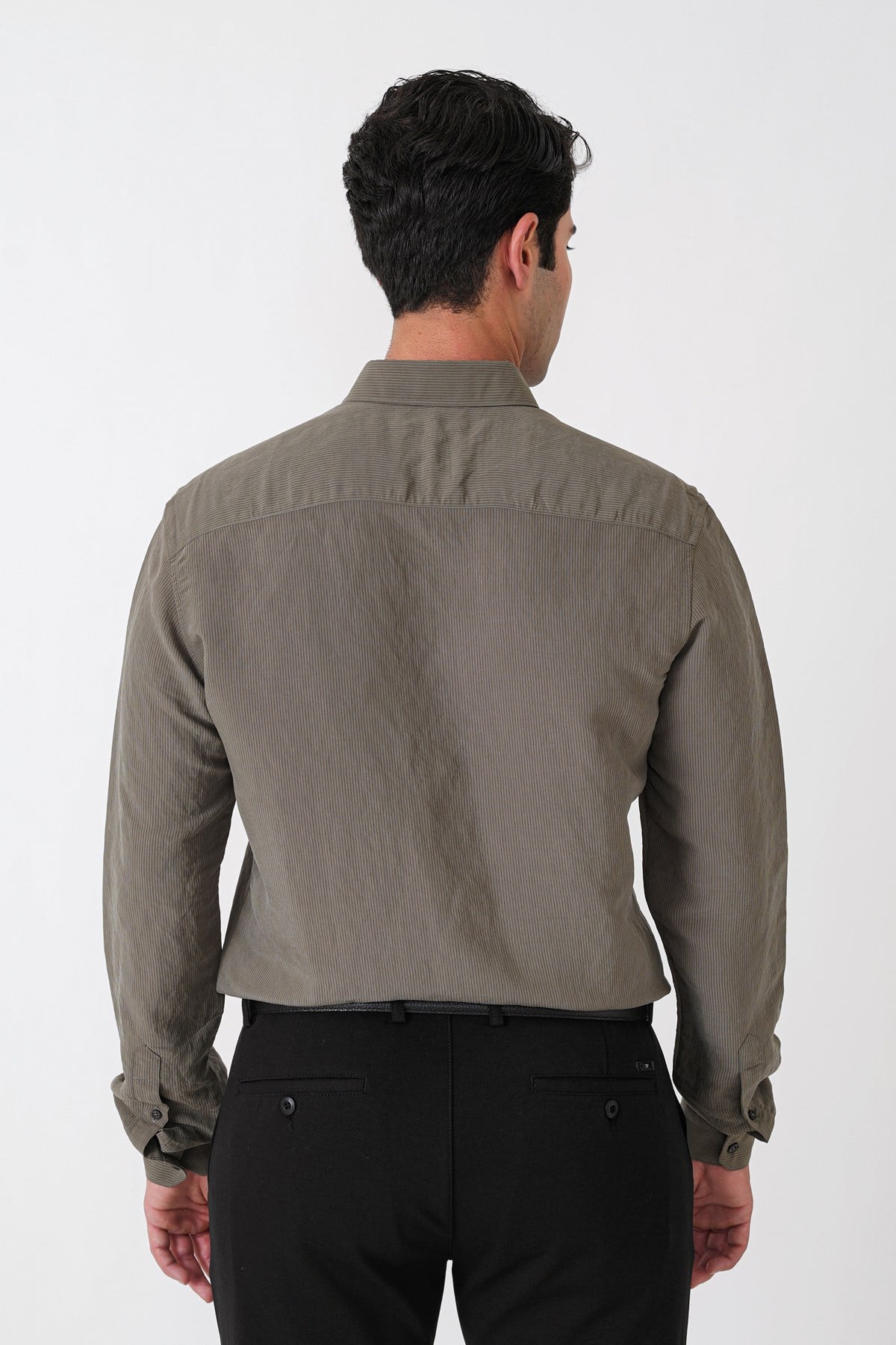Slim Fit Modal Kumaş Çizgili Dokuma Haki Gömlek G 1609