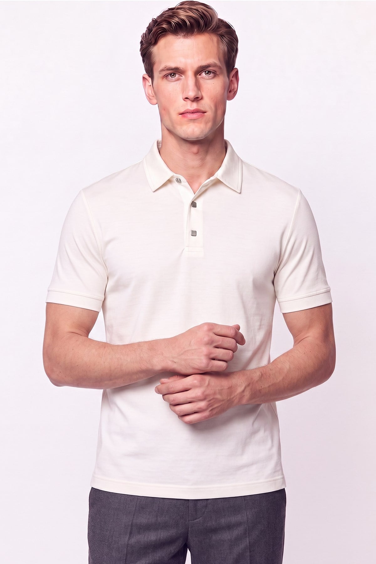 Slim Fit Modal Kumaş Ekru Çıtçıtlı Polo Yaka Tişört Ts 923