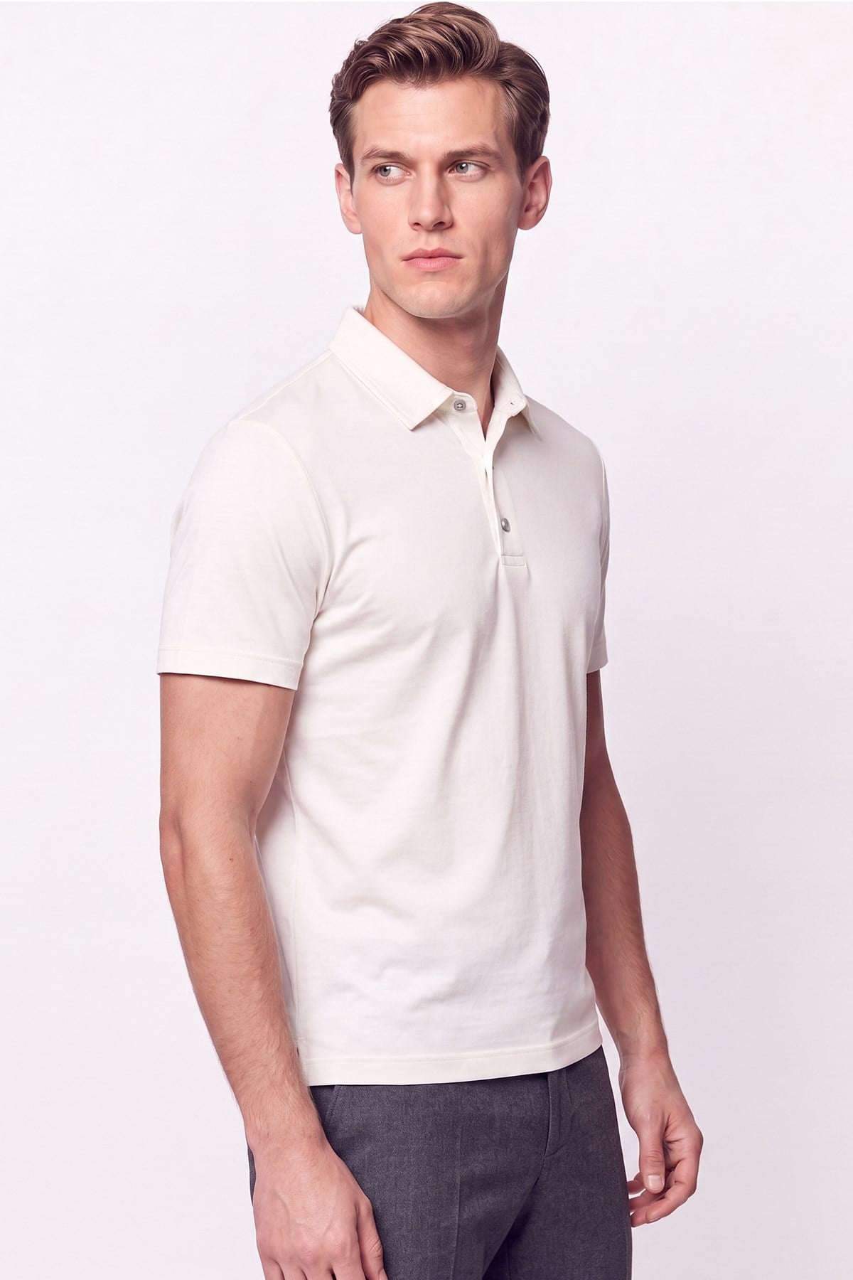 Slim Fit Modal Kumaş Ekru Çıtçıtlı Polo Yaka Tişört Ts 923