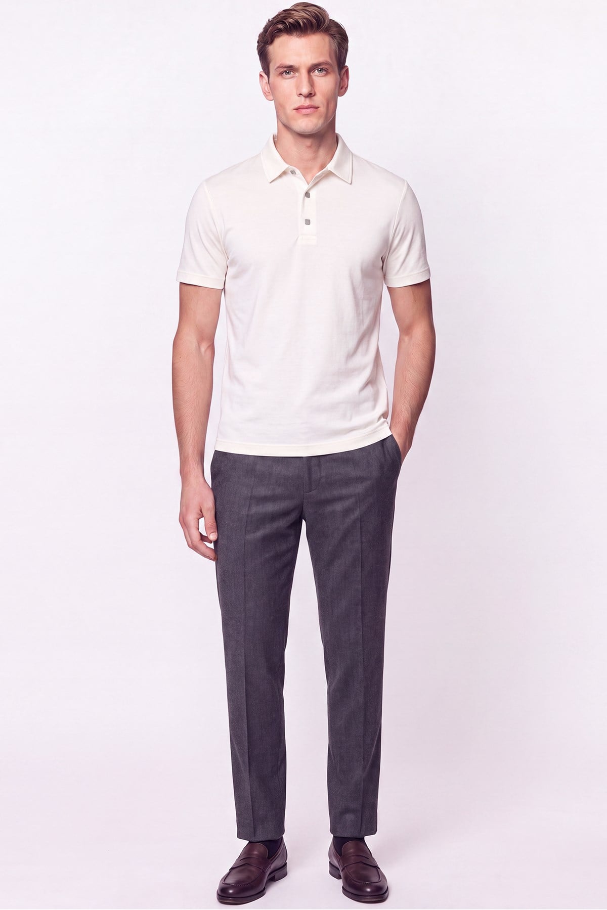 Slim Fit Modal Kumaş Ekru Çıtçıtlı Polo Yaka Tişört Ts 923