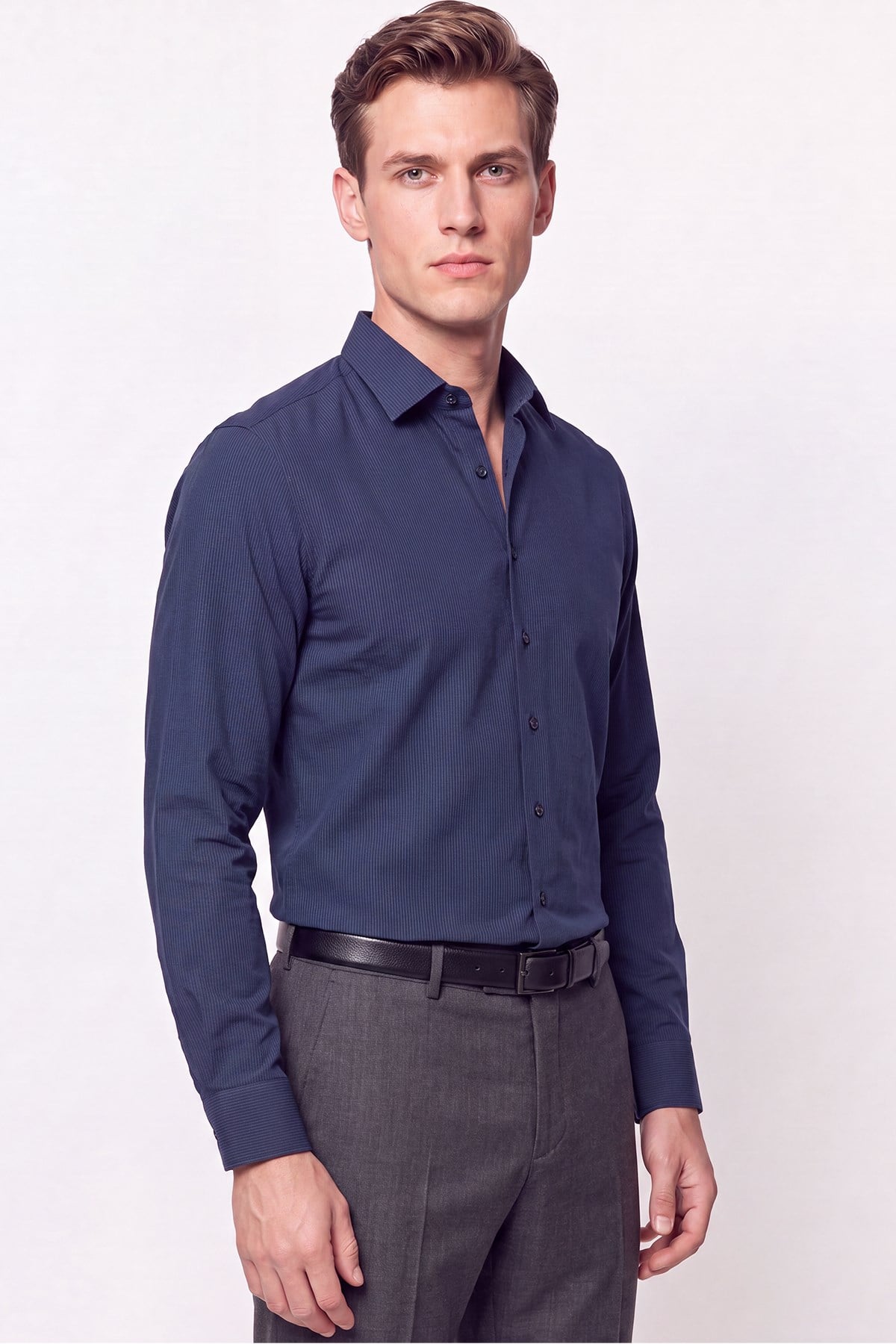 Slim Fit Modal Kumaş Lacivert Gömlek G 1609 