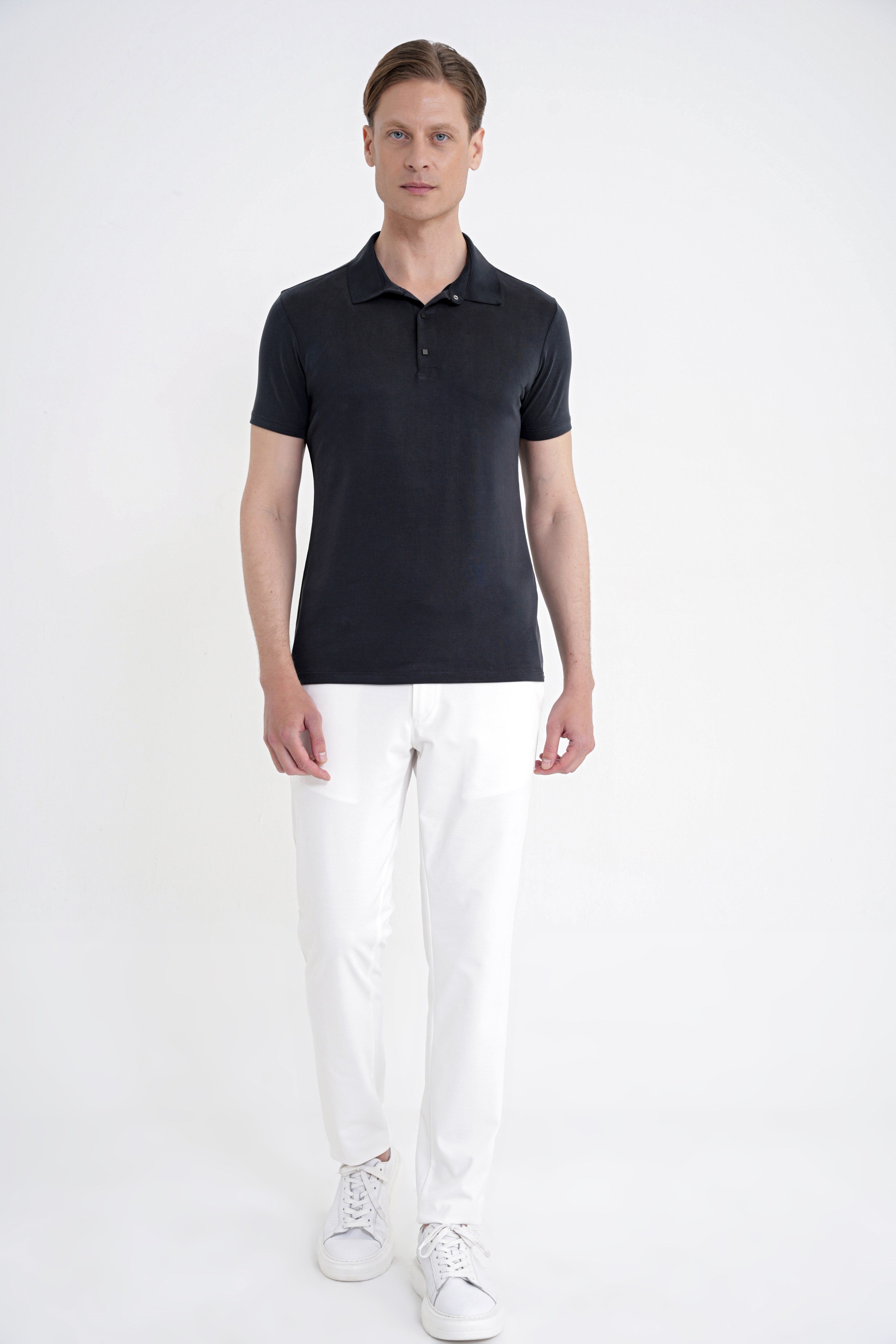 Slim Fit Modal Kumaş Siyah Çıtçıtlı Polo Yaka Tişört TS 923