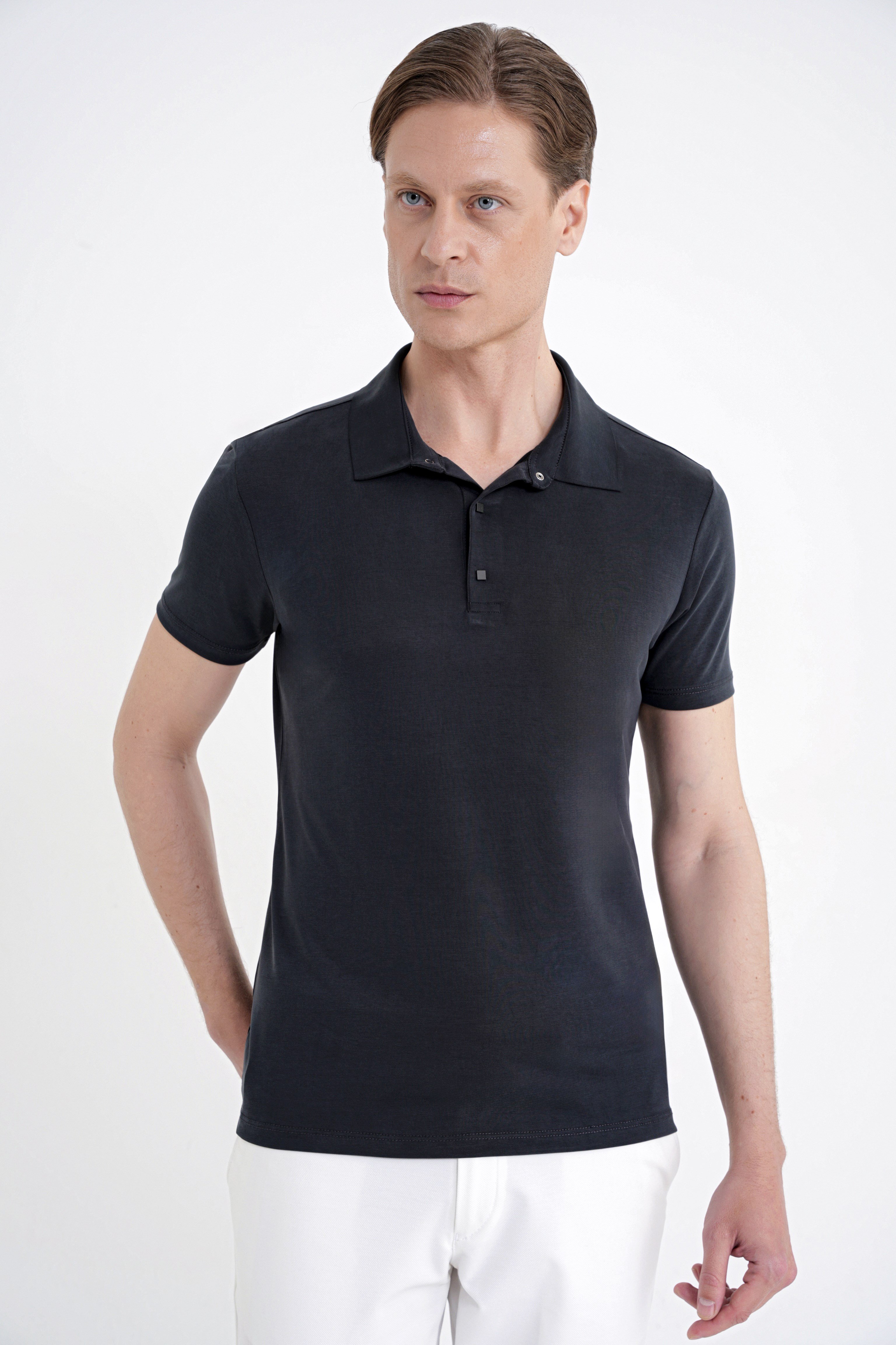 Slim Fit Modal Kumaş Siyah Çıtçıtlı Polo Yaka Tişört TS 923