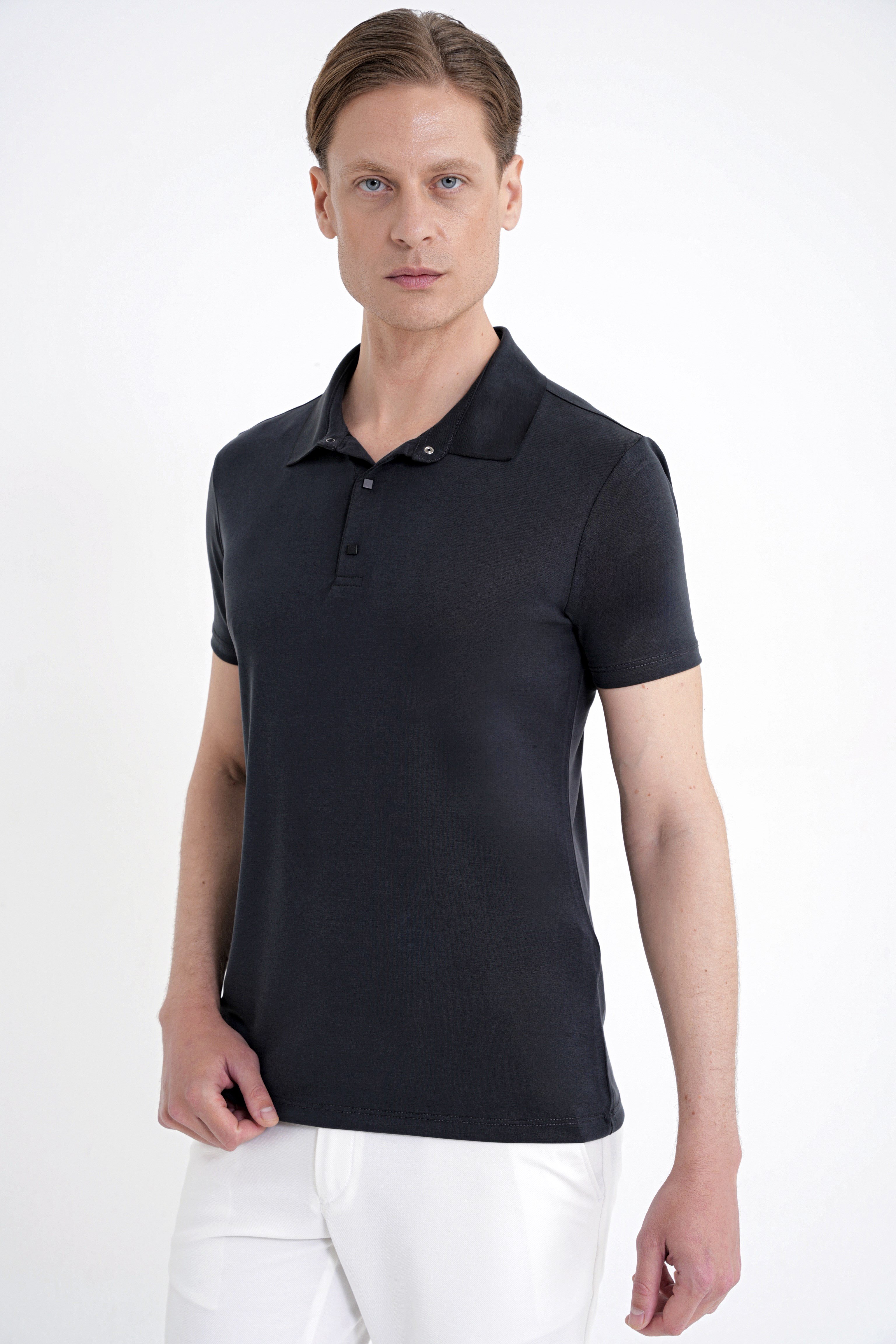 Slim Fit Modal Kumaş Siyah Çıtçıtlı Polo Yaka Tişört TS 923