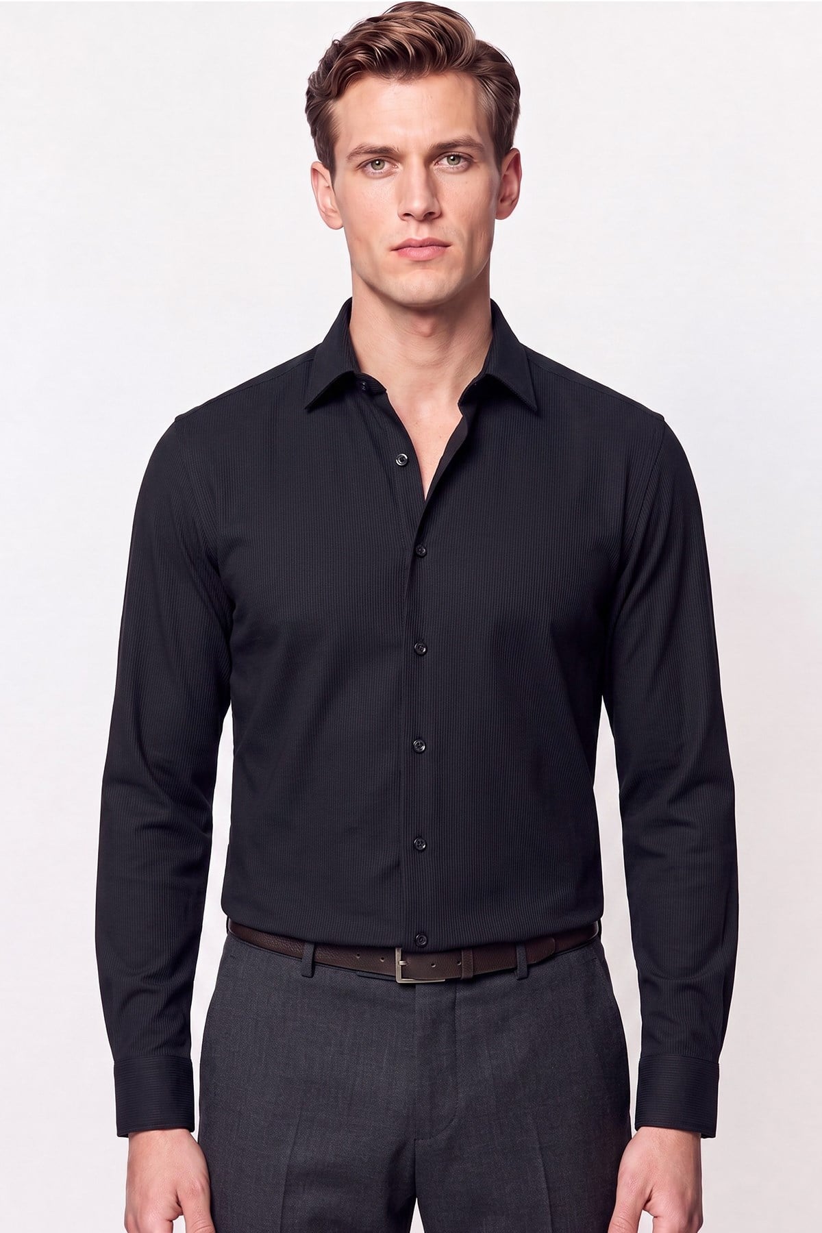 Slim Fit Modal Kumaş Siyah Gömlek G 1609 