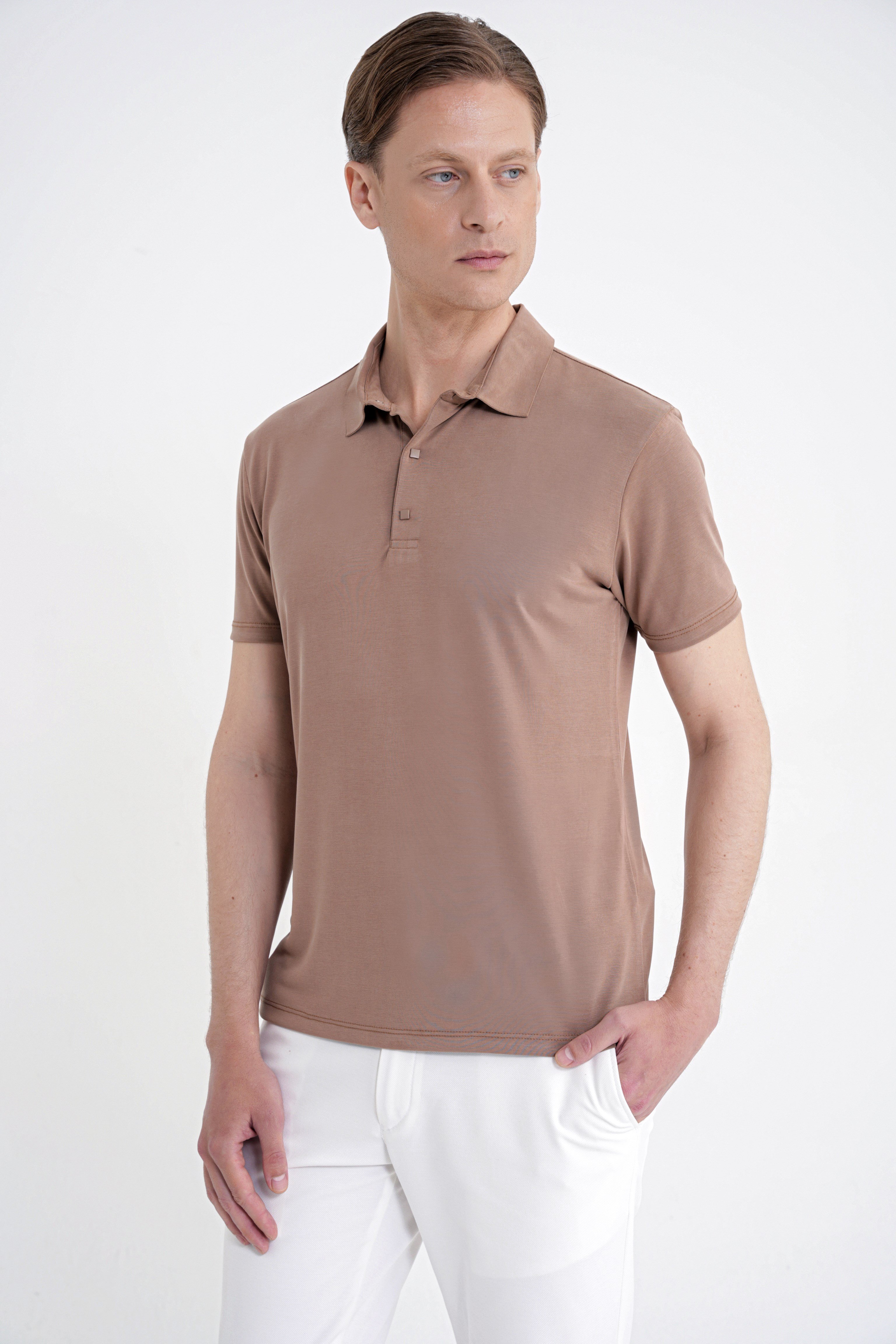 Slim Fit Modal Kumaş Vizon Çıtçıtlı Polo Yaka Tişört TS 923