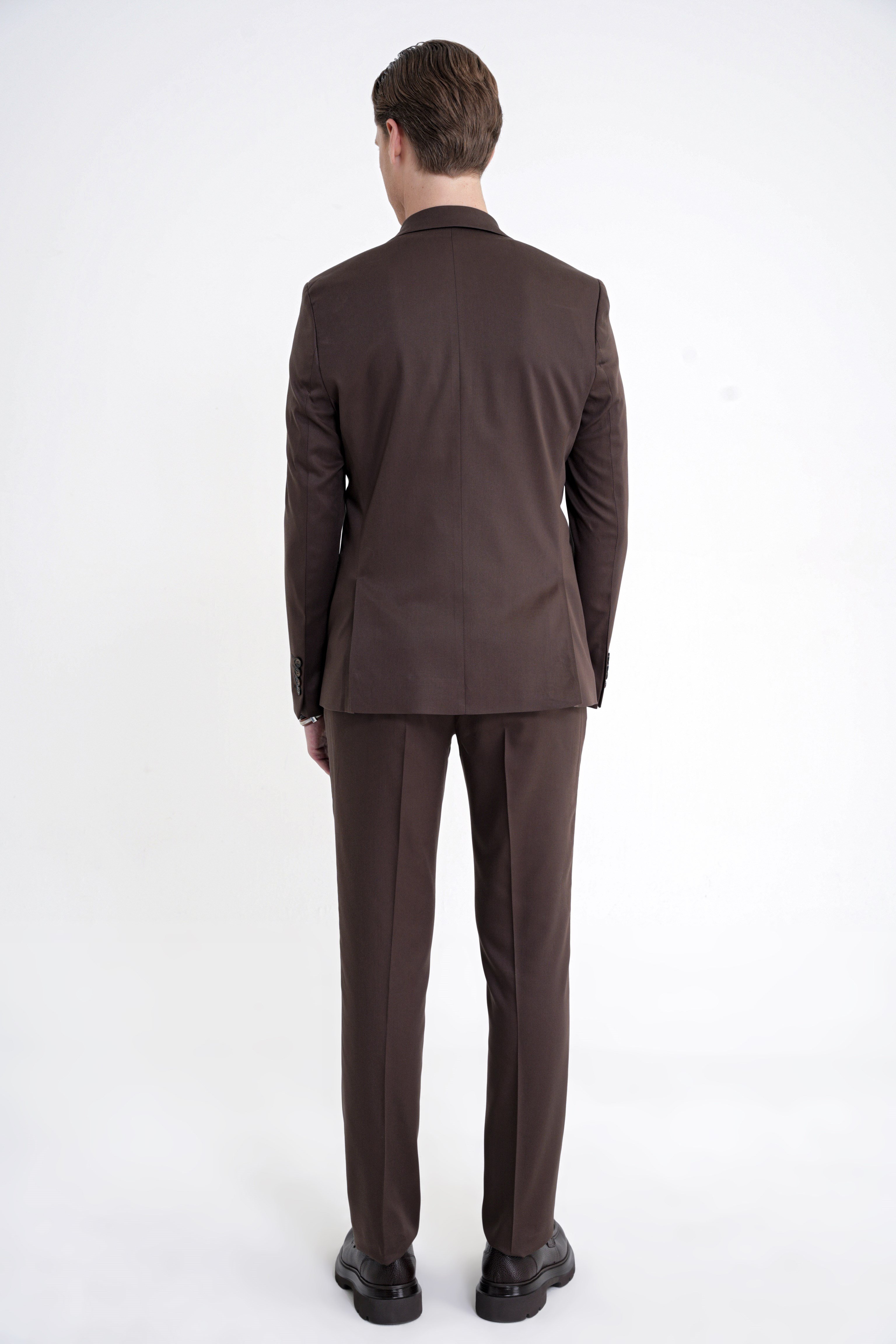 Slim Fit Mono Yaka %97 Tencel Kumaş Çift Yırtmaç Esnek Kahverengi Takım Elbise TK 941