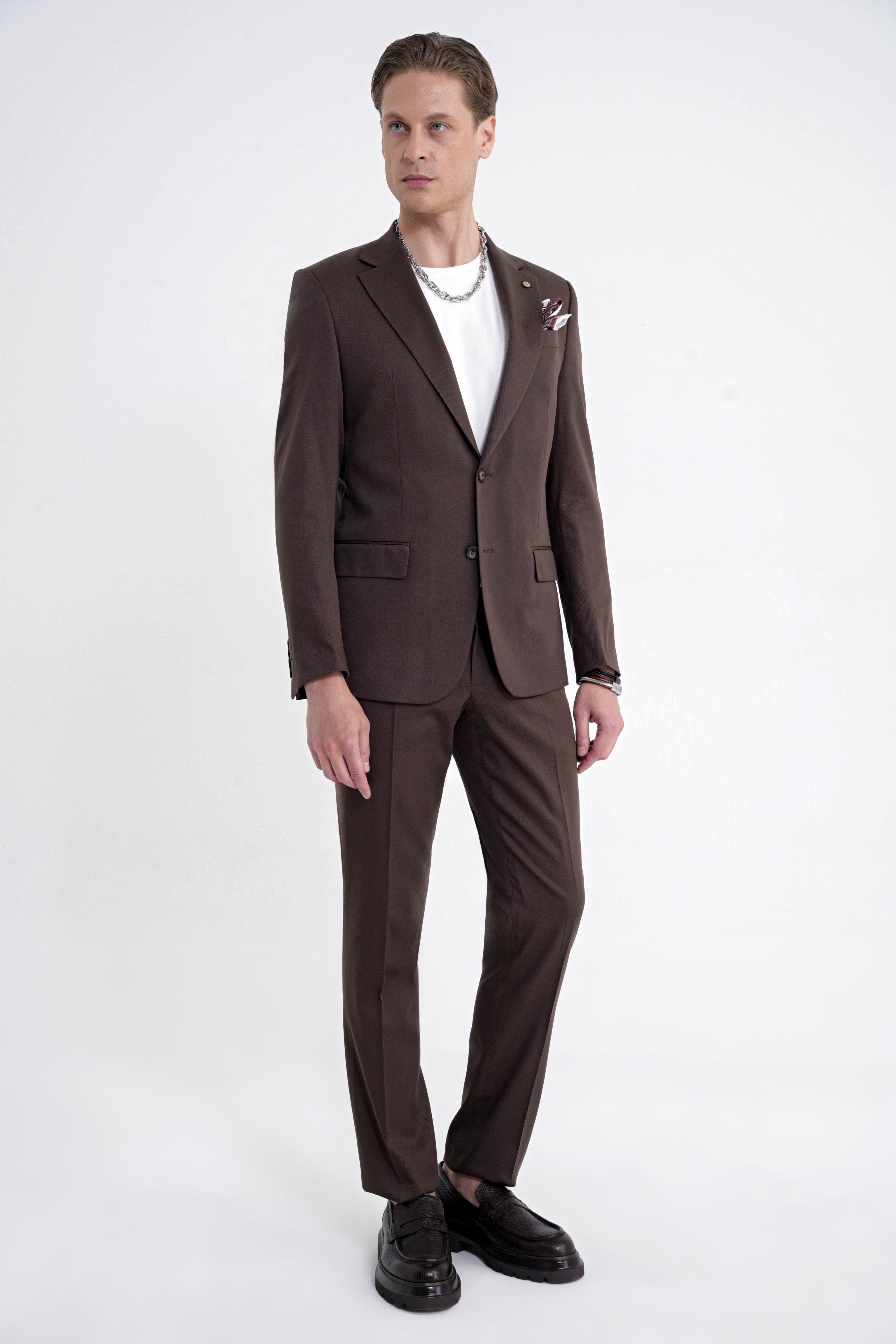 Slim Fit Mono Yaka %97 Tencel Kumaş Çift Yırtmaç Esnek Kahverengi Takım Elbise TK 941