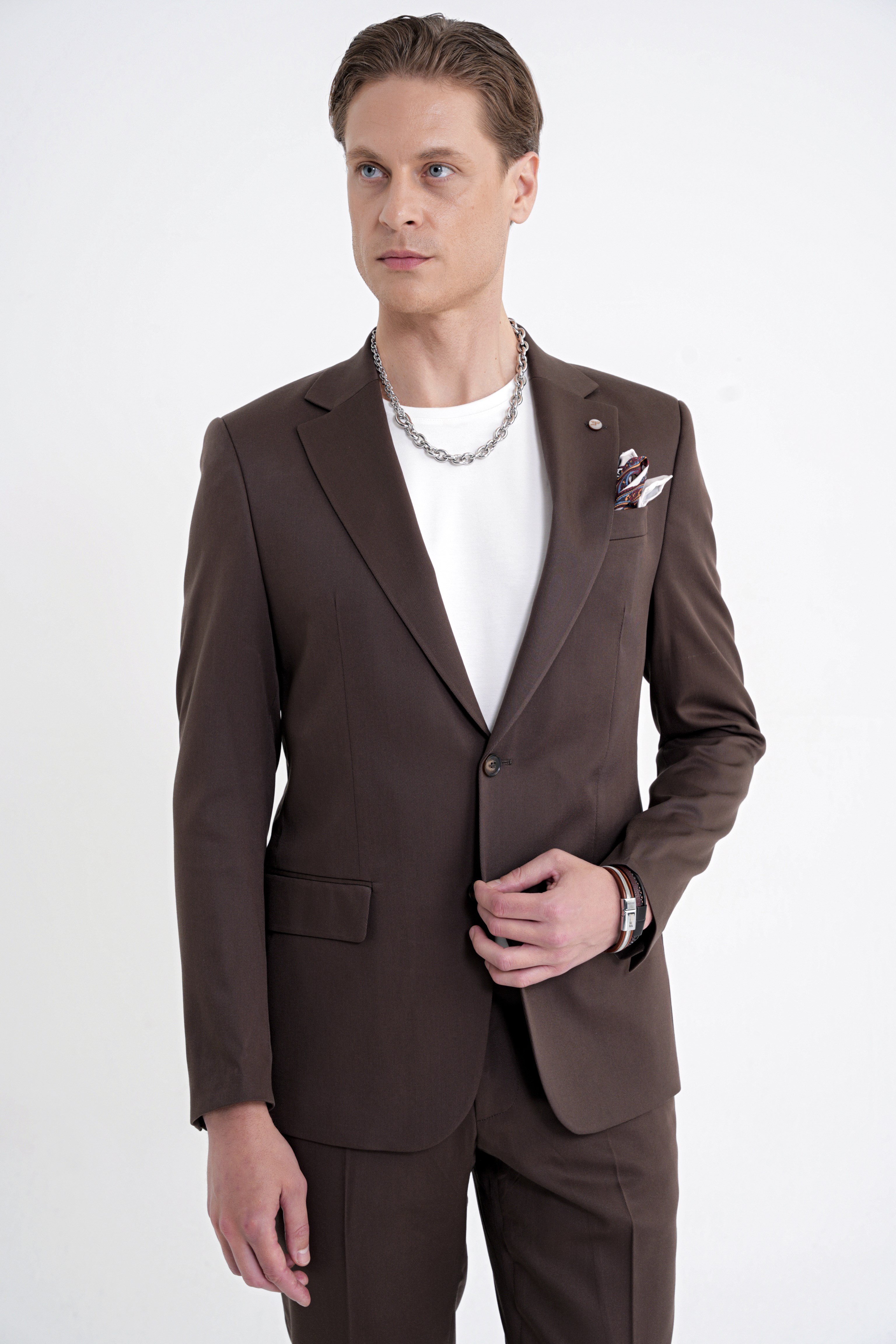 Slim Fit Mono Yaka %97 Tencel Kumaş Çift Yırtmaç Esnek Kahverengi Takım Elbise TK 941