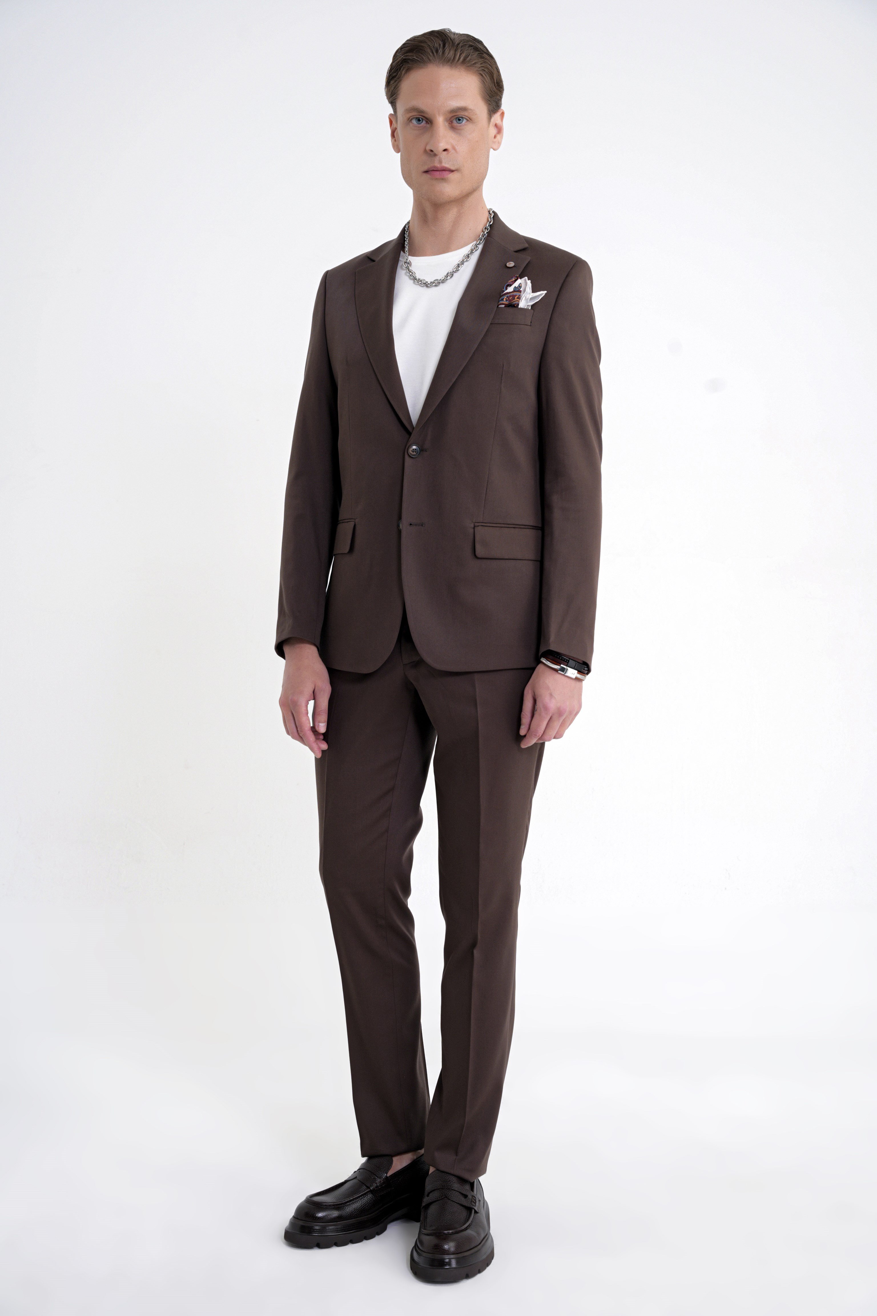 Slim Fit Mono Yaka %97 Tencel Kumaş Çift Yırtmaç Esnek Kahverengi Takım Elbise TK 941